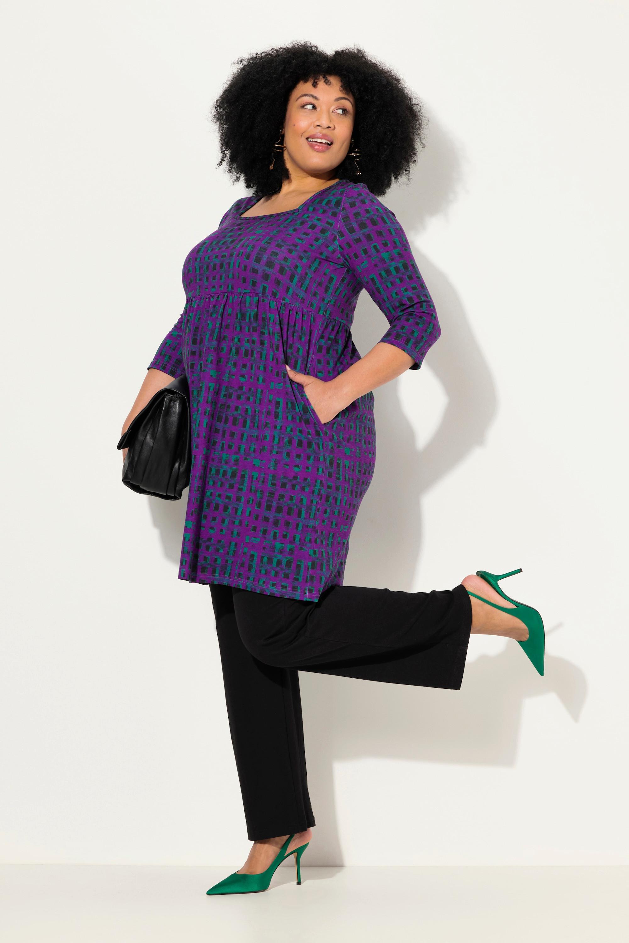 Ulla Popken Longshirt Karo A-Linie Carree-Ausschnitt 3/4-Arm