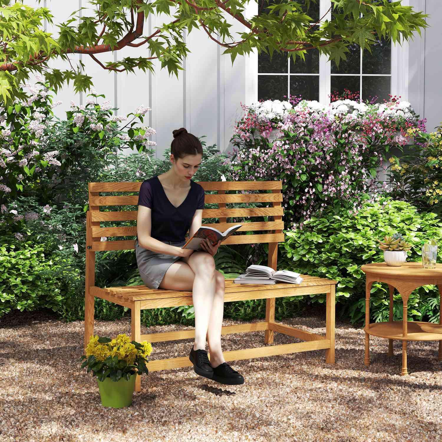 Northio 2-Sitzer Gartenbank Holz, wetterfest Sitzbank, UV-Beständig Gartenmöbel mit Umwandelbare Rückenlehnen, Parkbank 240kg belastbar, Holzbank für Balkon Terrasse, Garten, 110x61x89cm, Teak Aosom