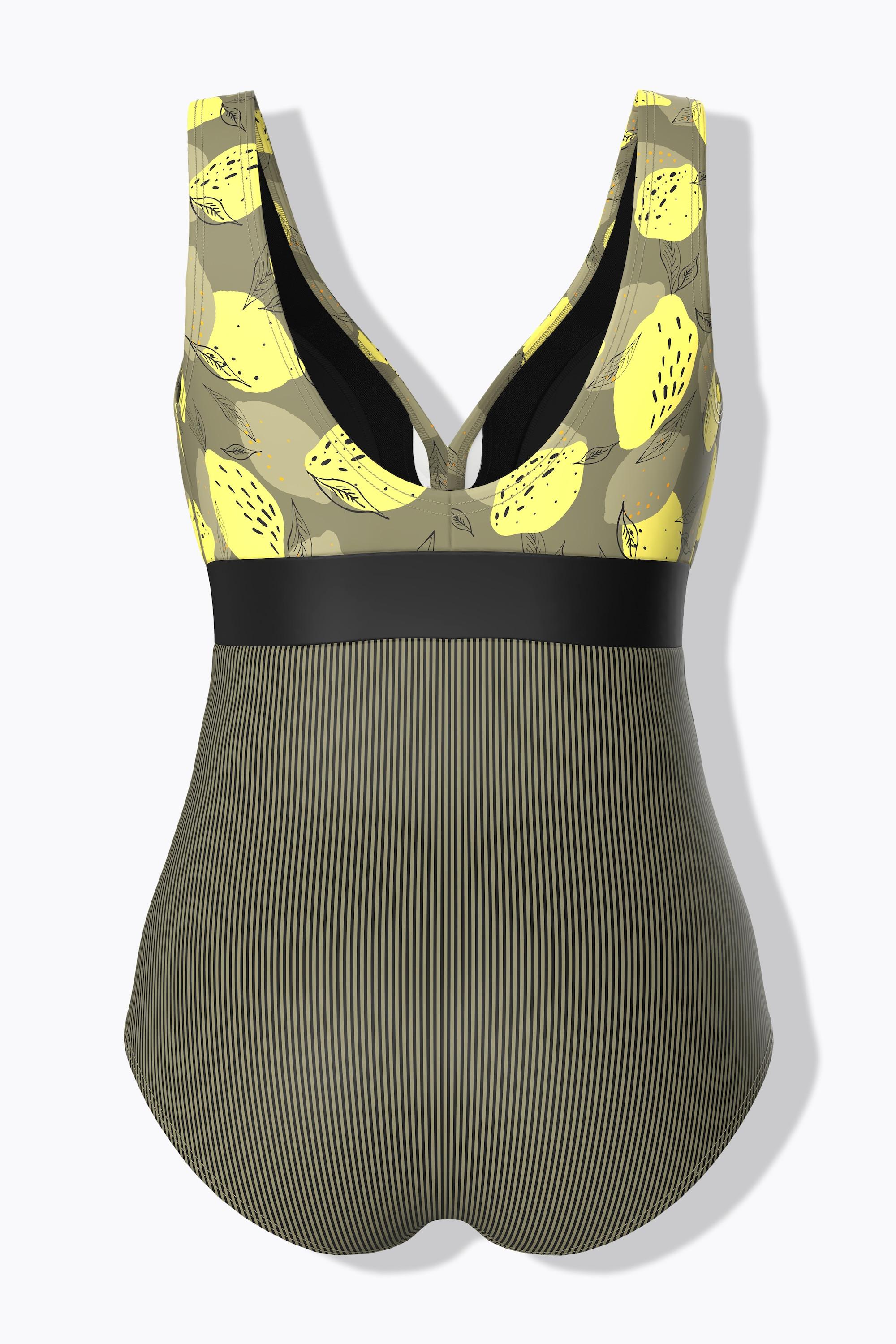 Ulla Popken Badeanzug, Zitronen, Zierband, Softcups, recycelt