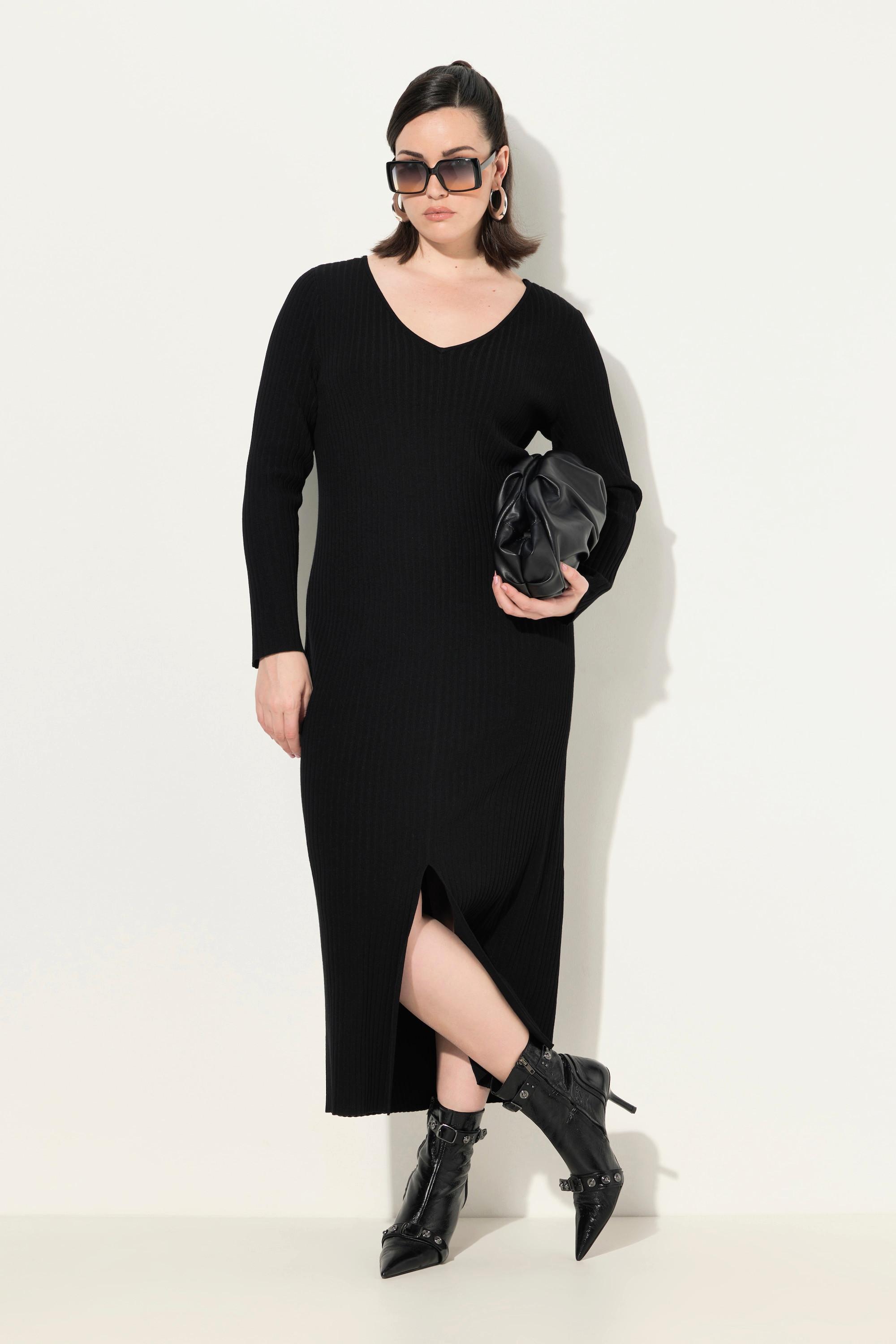 Ulla Popken Maxi Strickkleid Rippstrick Slim Fit V-Ausschnitt Langarm
