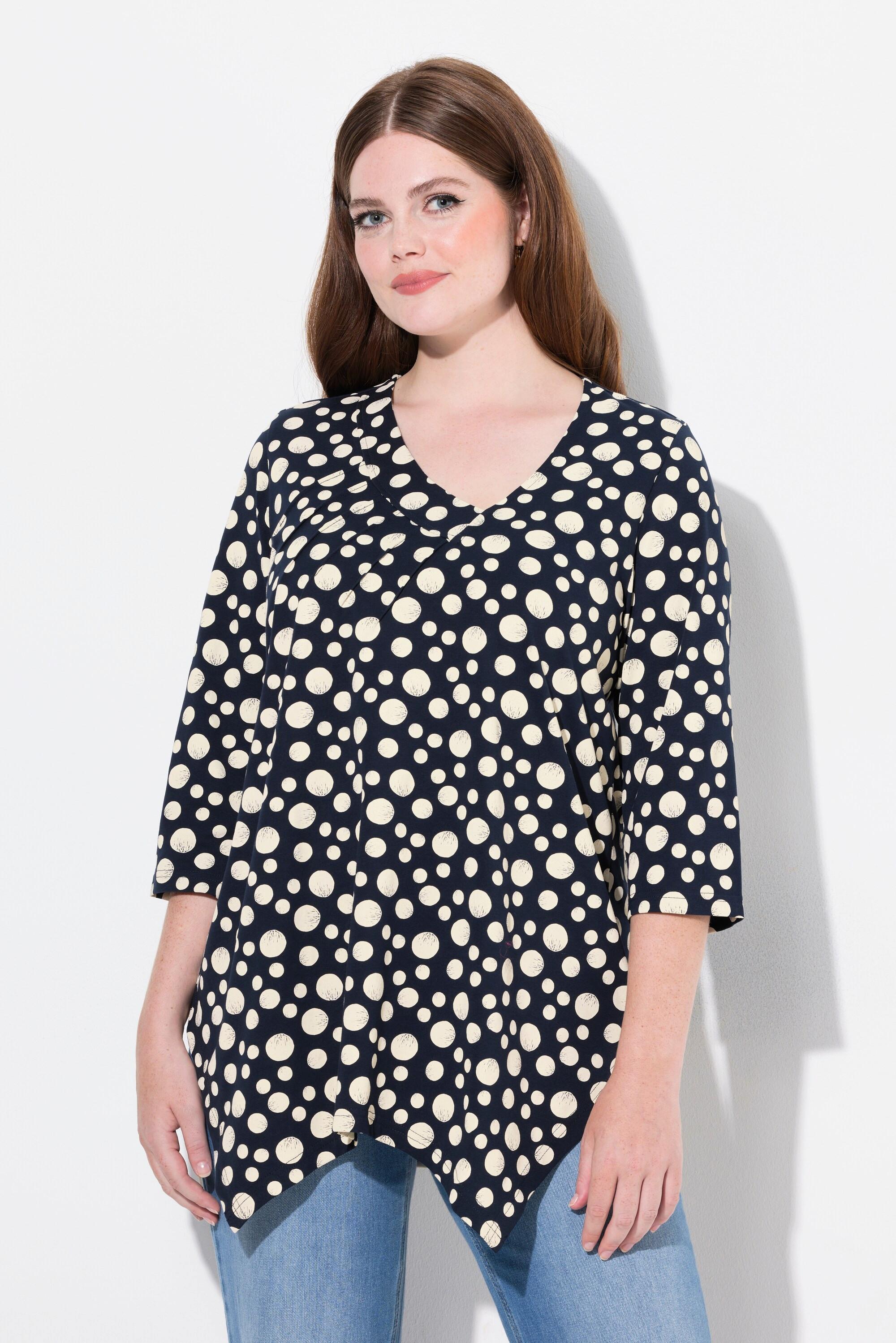 Ulla Popken Polka Dot V-Ausschnitt 3/4 Arm Shirt mit Zipfelsaum