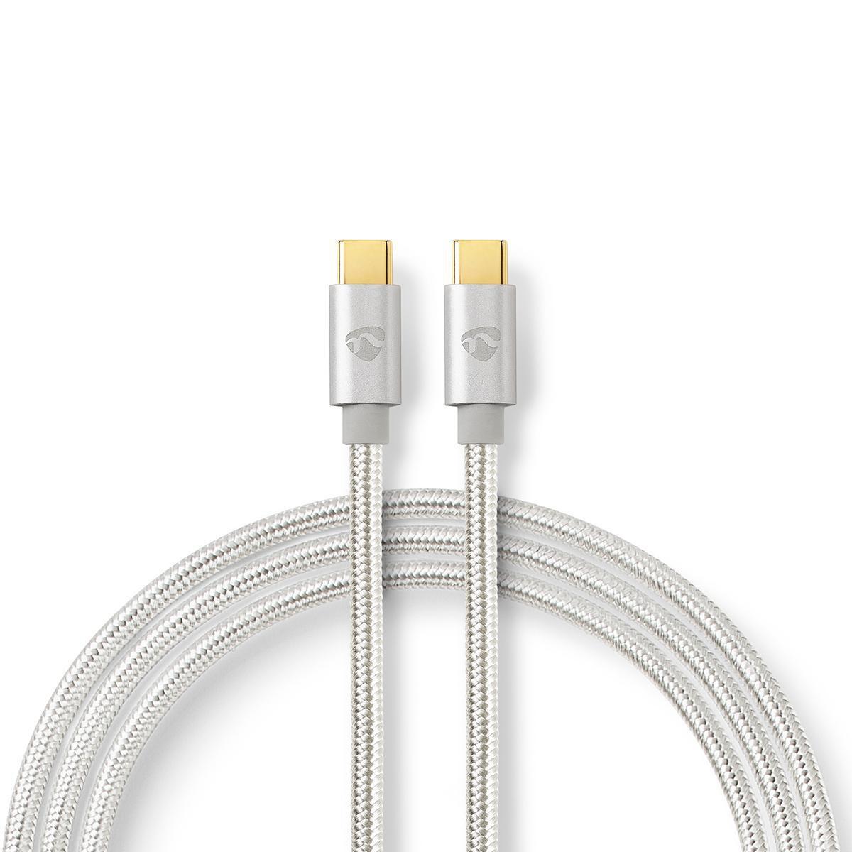 Nedis USB-Kabel | USB 2.0 | USB-C™ Male | USB-C™ Male | 100 W | 480 Mbps | Vergoldet | 2,00 m | Rund | Geflochten / Nylon | Silber | Box mit abgedecktem Fenster