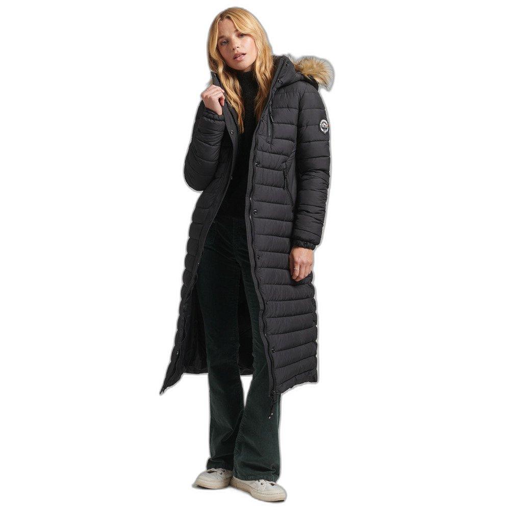 Superdry lange, leichte daunenjacke mit kapuze und kunstpelz, damen