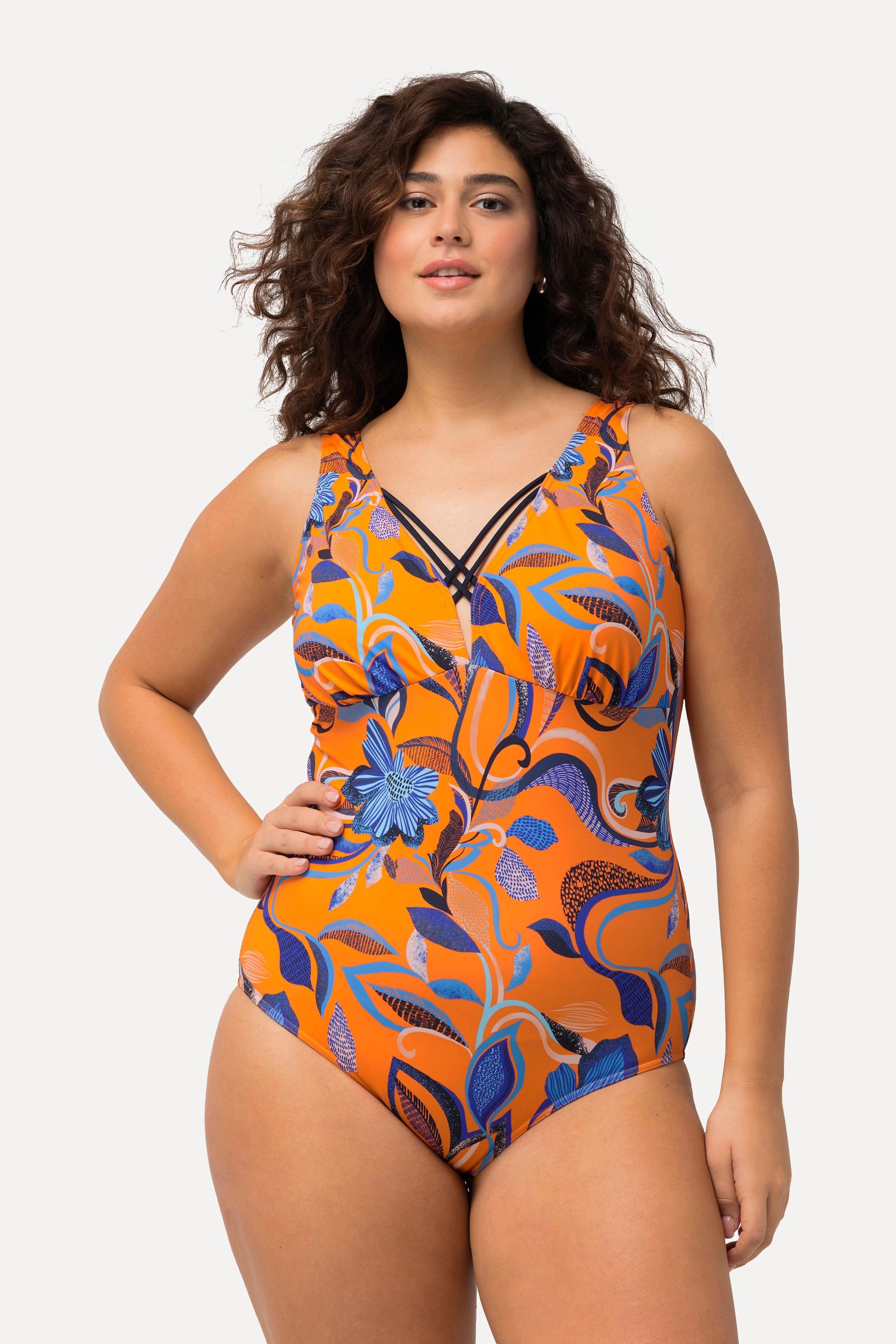 Ulla Popken Badeanzug, Blüten, Zierbänder, Softcups