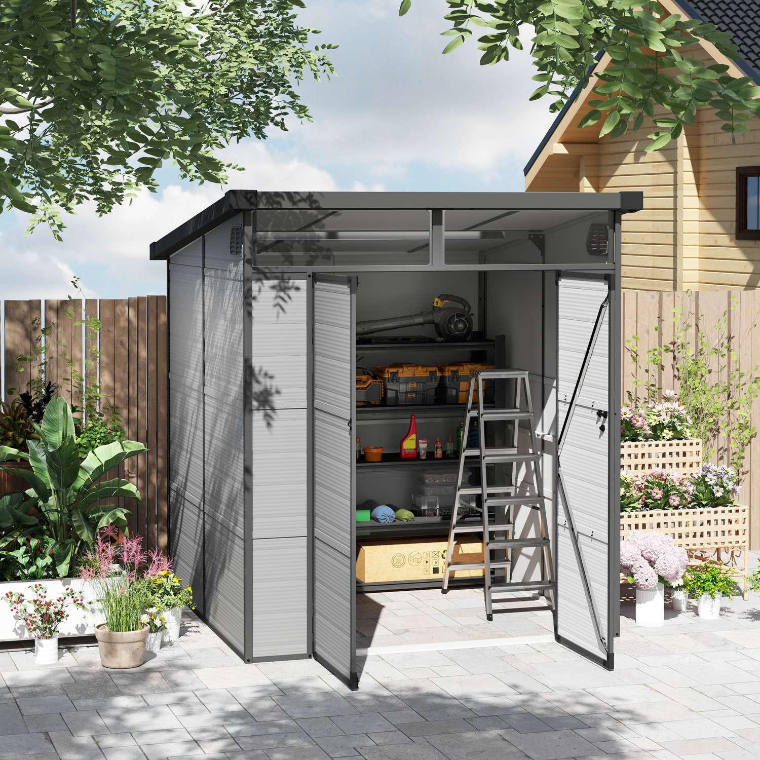 Northio Gerätehaus Kunststoff 3,24m³ 190x191x215cm Geräteschuppen mit Pultdach, Abschließbarer Tür, wetterfest Gartenhaus, Outdoor Garten Schuppen Schrank für Hinterhof, Außenbereich, Hellgrau Aosom