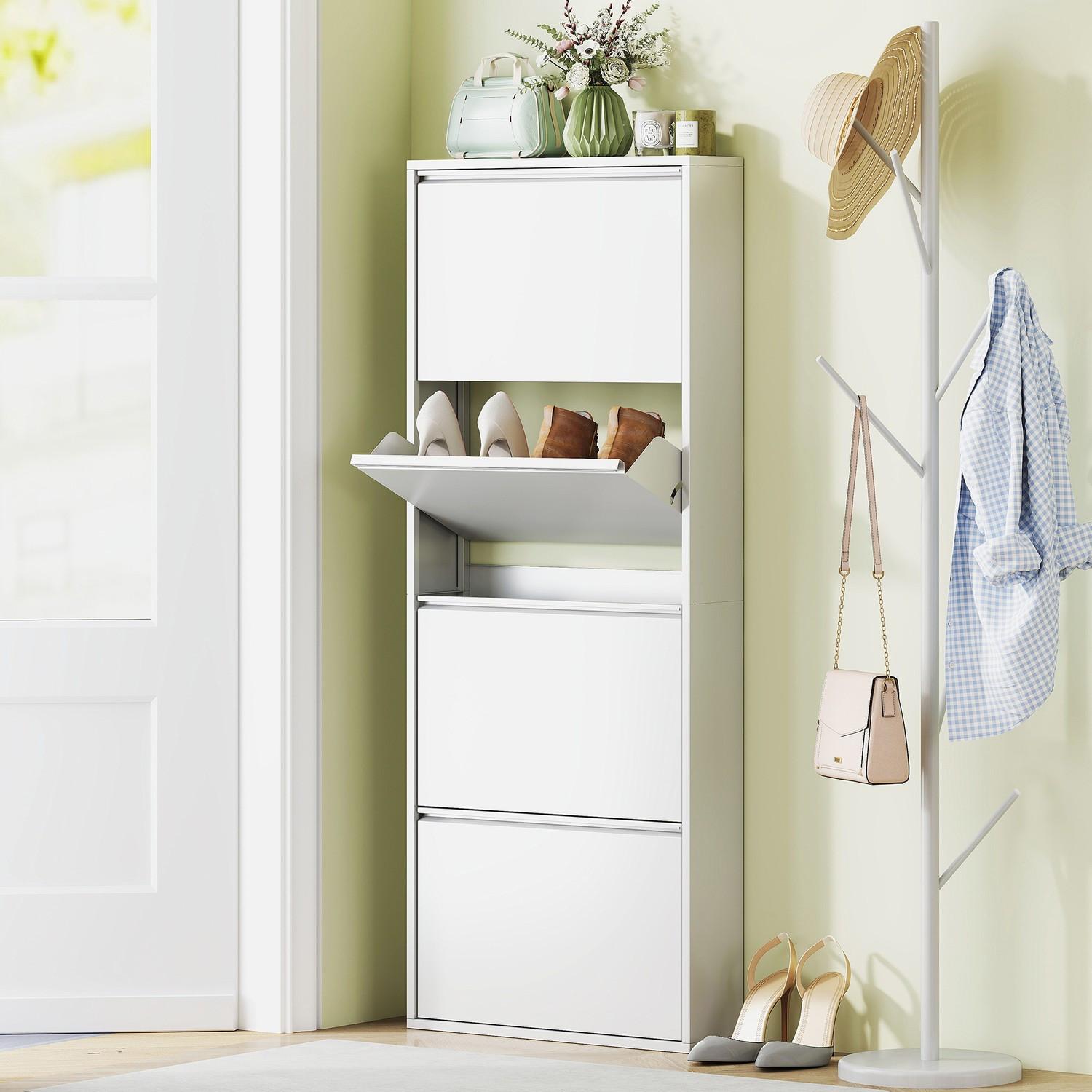 Northio Schuhschrank Metall mit 4 Klappen Schuhkipper Schmal für 8 Paar Schuhe Schuhregal Schuhkommode Schuhablage Wandmontage für Eingangsbereich, Flur 55 x 15 x 139,5 cm Weiß |