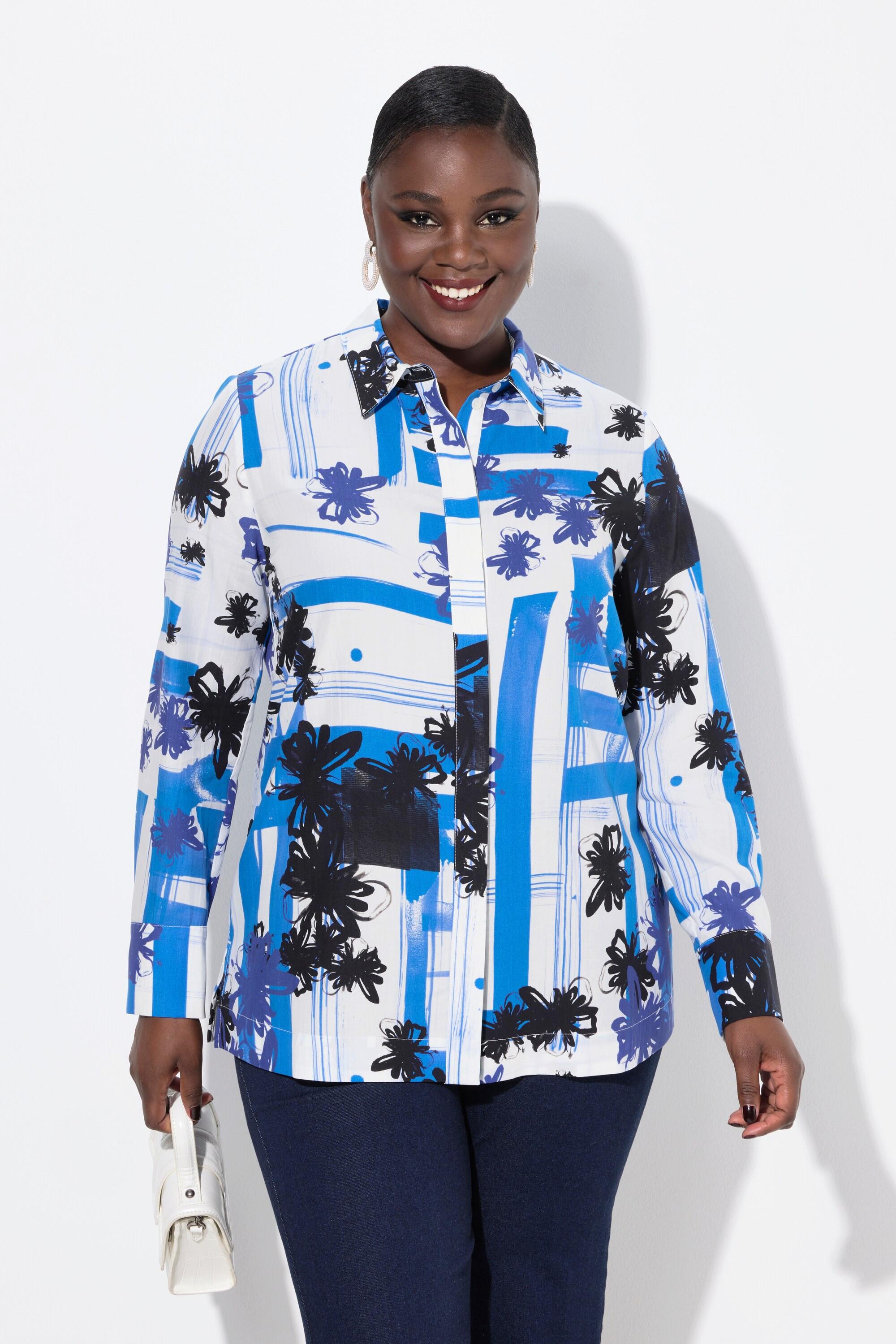Ulla Popken Lyocell-Bluse, grafisches Design, Hemdkragen, Langarm