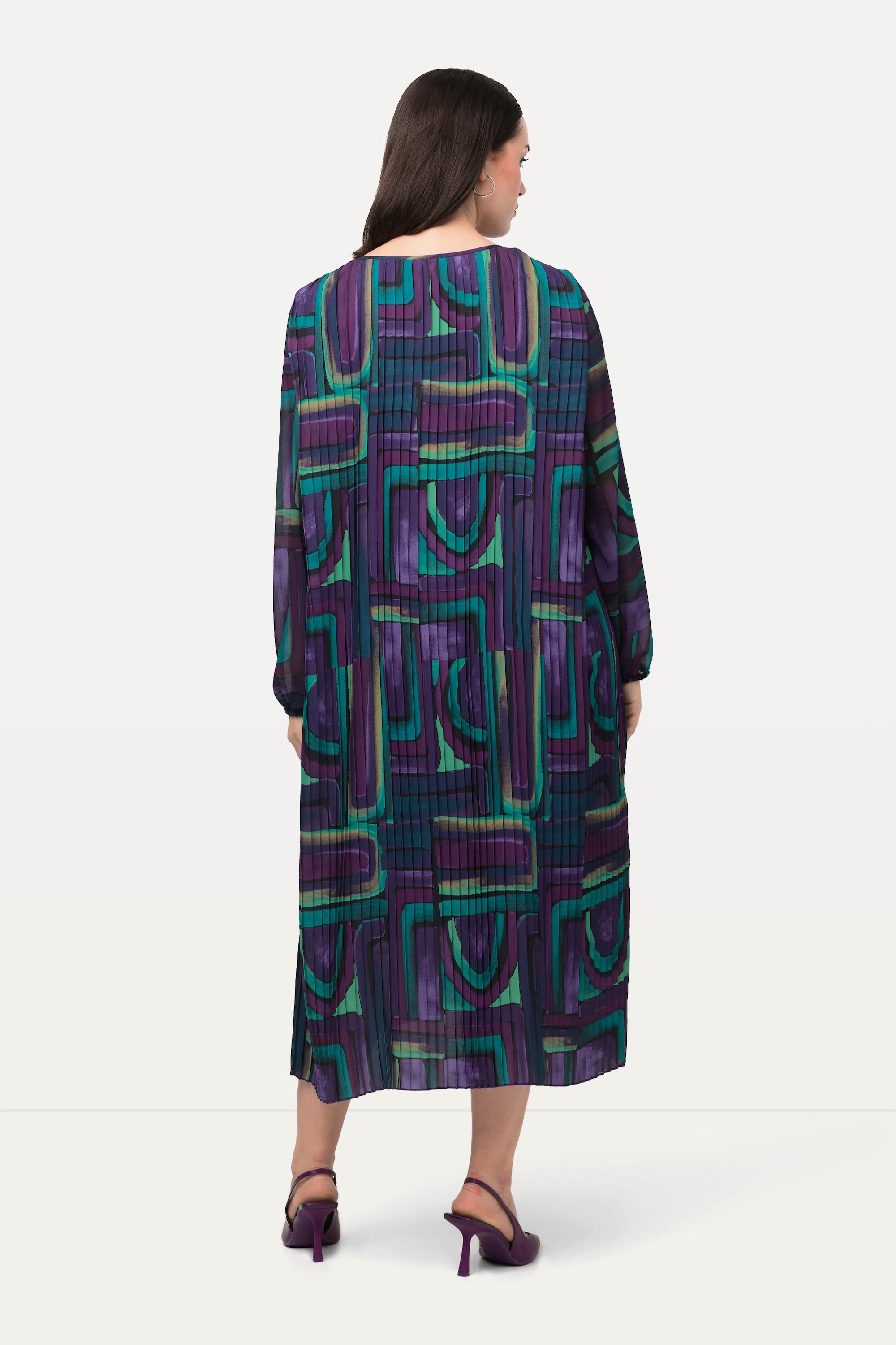 Ulla Popken Plissee Midikleid A-Linie Tunika-Ausschnitt Langarm