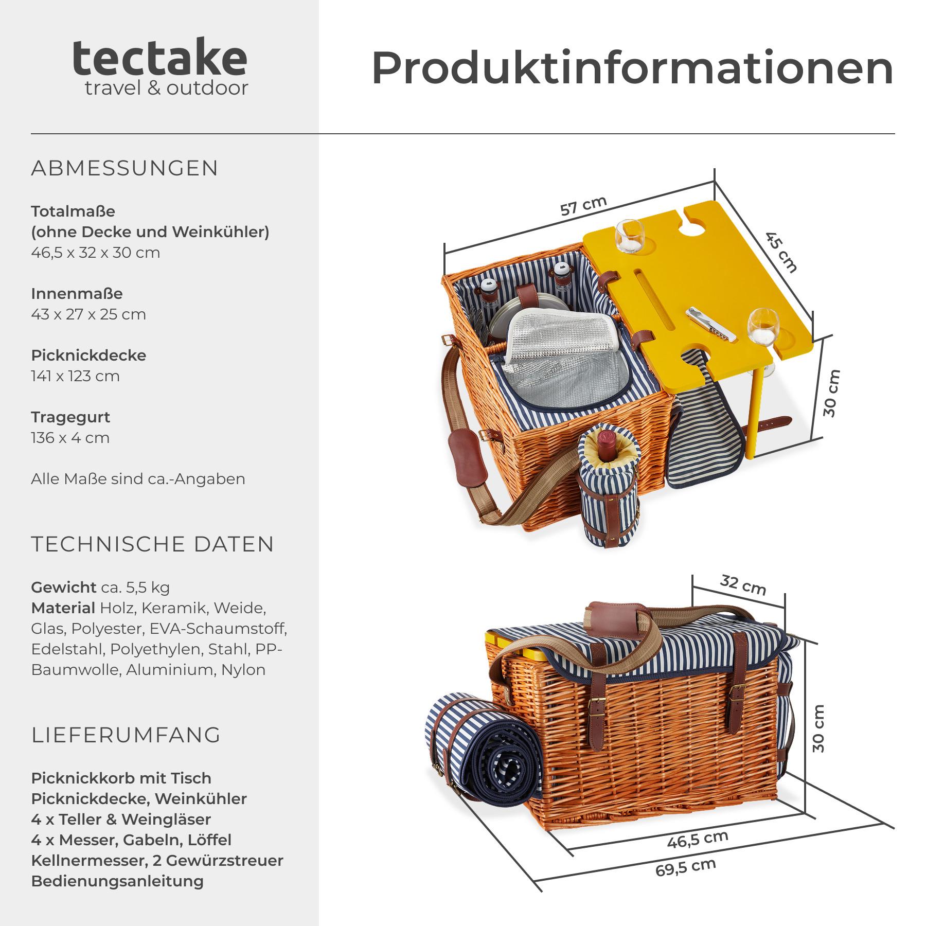 Tectake Picknickkorb Rügen für 4 Personen, mit Kühlfach & Zubehör