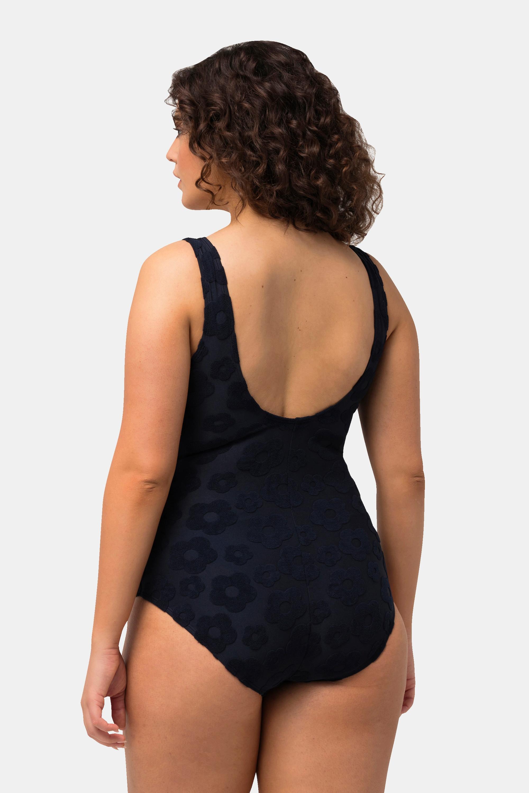Ulla Popken Badeanzug, Blumen-Struktur, Zipper, ohne Softcups