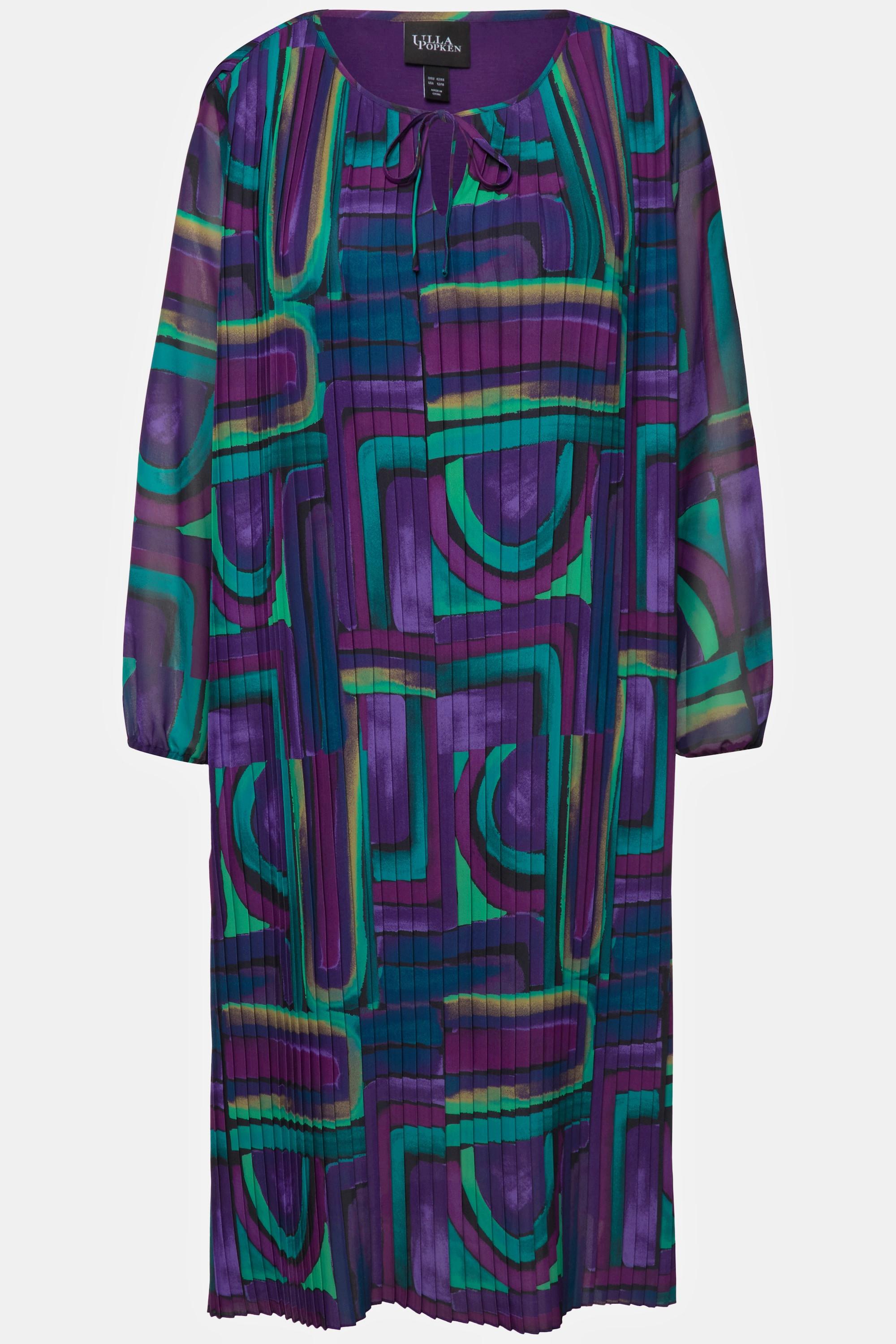 Ulla Popken Plissee Midikleid A-Linie Tunika-Ausschnitt Langarm