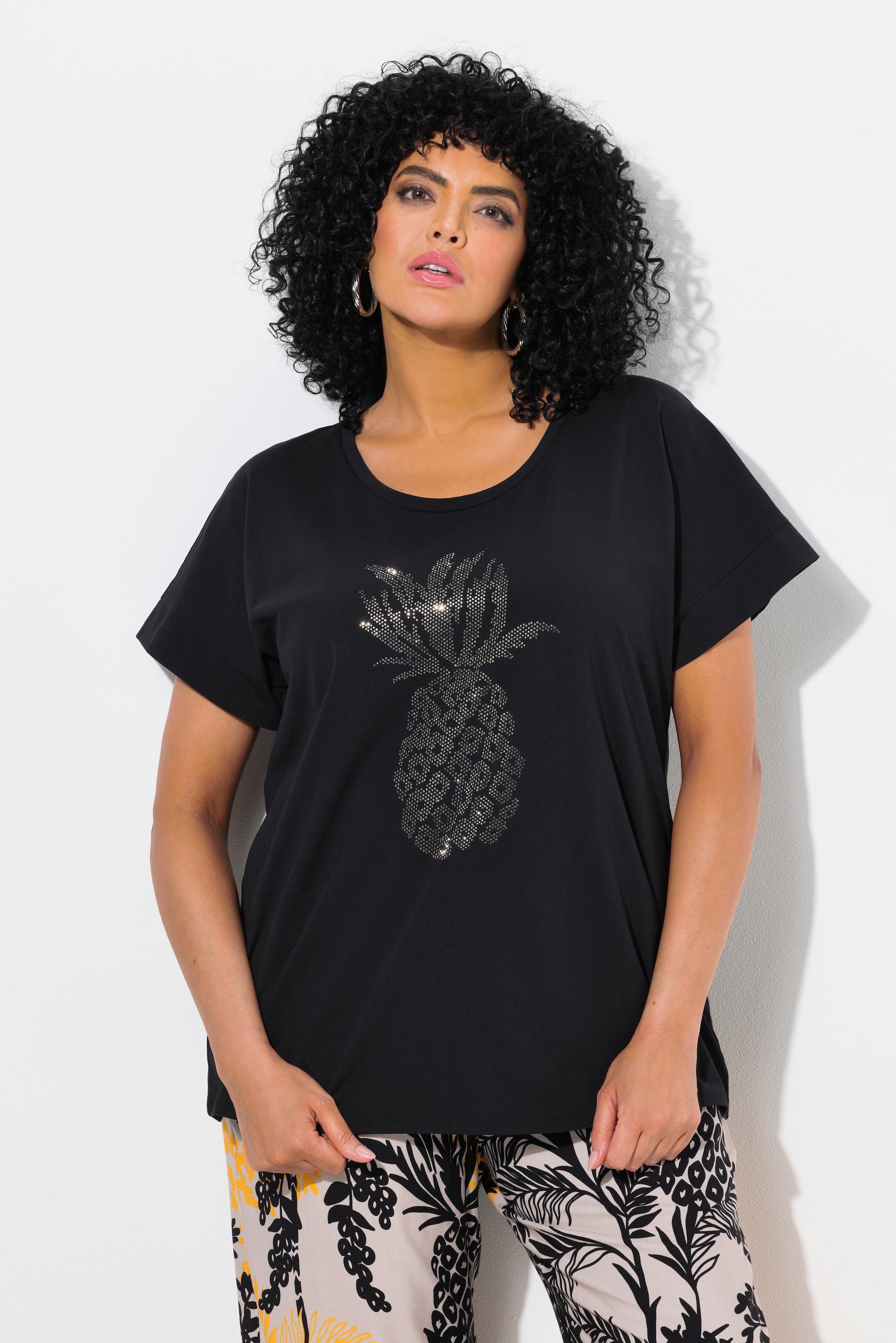 Ulla Popken Oversized Rundhals Halbarm T-Shirt mit Zierstein-Ananas