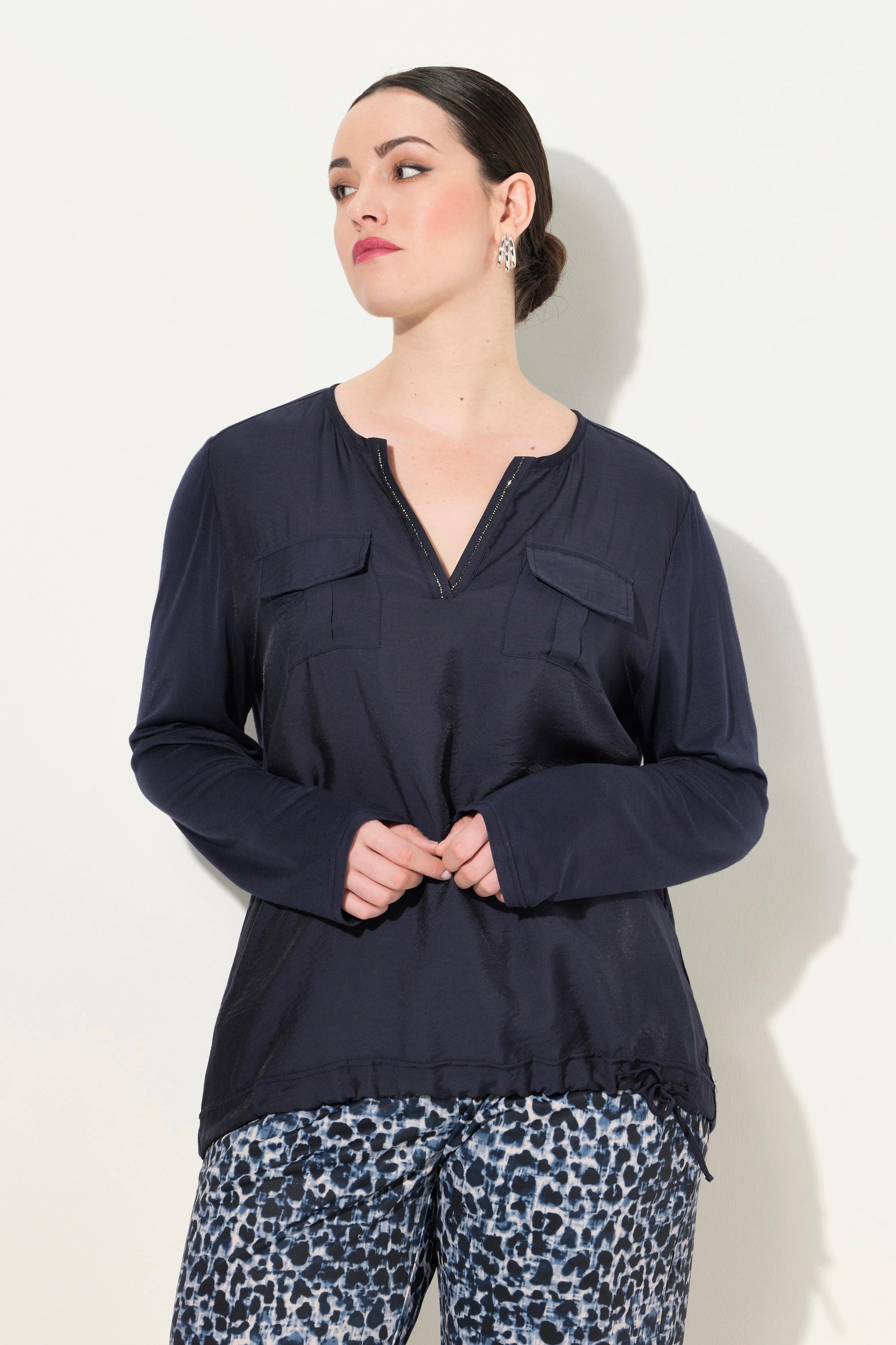 Ulla Popken Blusenshirt Ziersteine Tunika-Ausschnitt Langarm