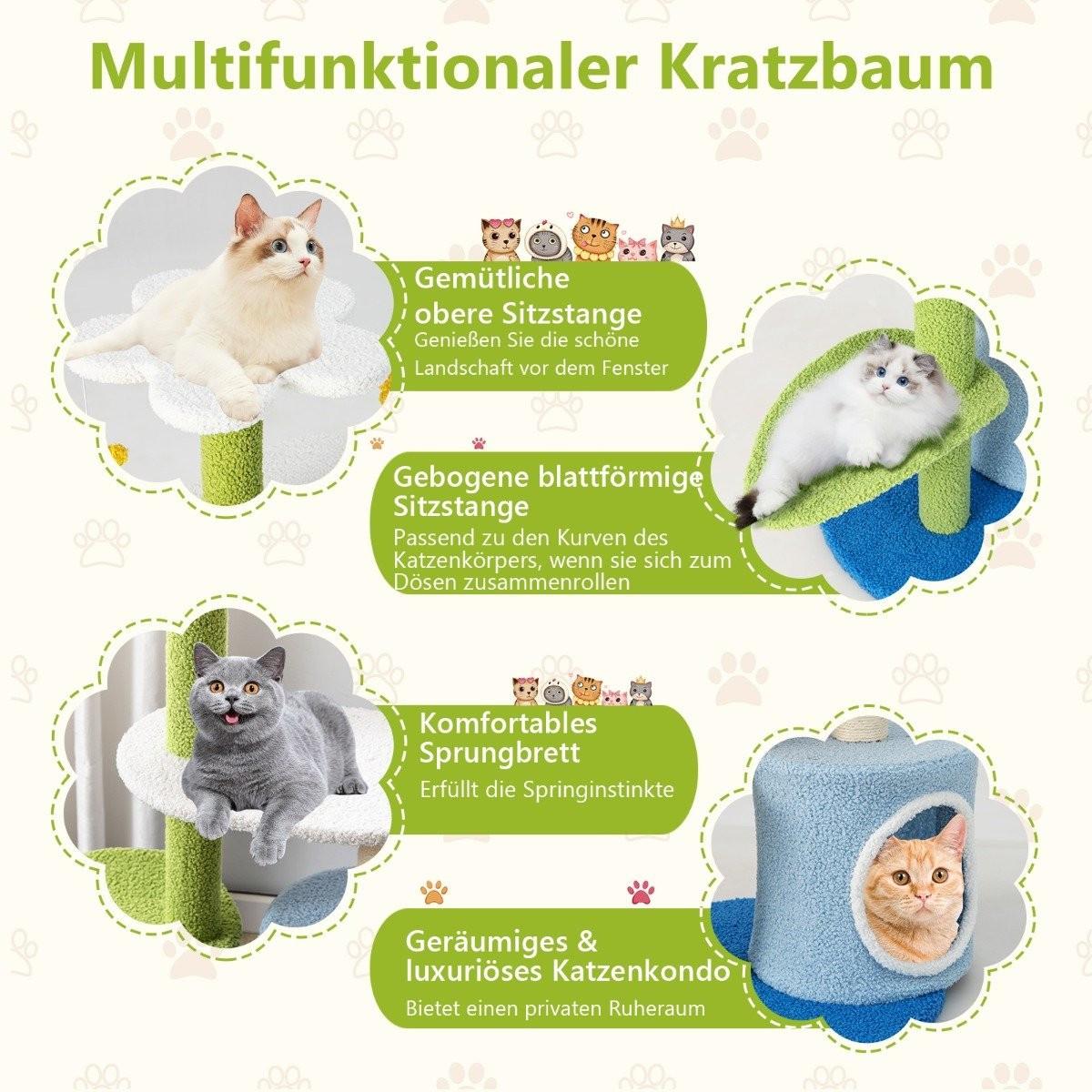 Northix Klein Kratzbaum mit blumenförmiger Sitzfläche & 2 Bällen & blattförmiger Kletterturm Grün+Blau