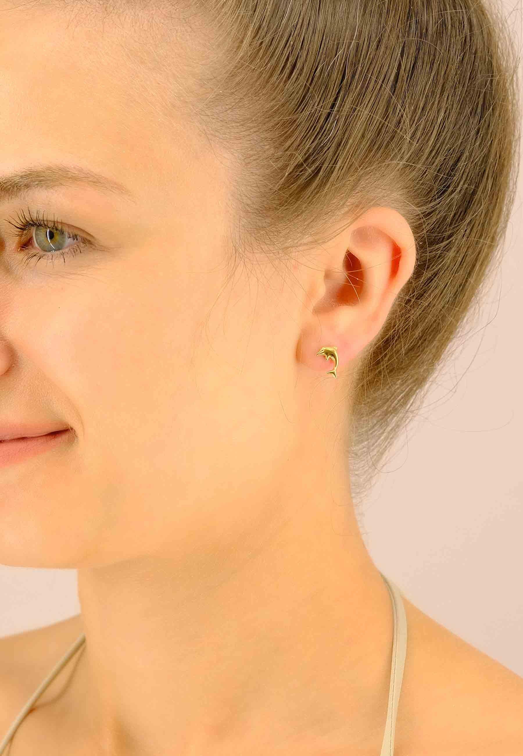 MUAU Schmuck Ohrstecker Delfine Gelbgold 750, 11mm