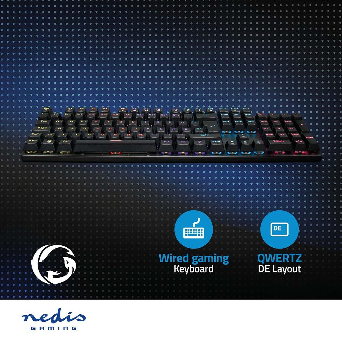 Nedis Kabelgebundene Gaming-Tastatur | USB Typ-A | Mechanische Tasten | LED | Deutsch | DE Layout | USB-Stromversorgung | Stromkabellänge: 1,50 m | Gaming