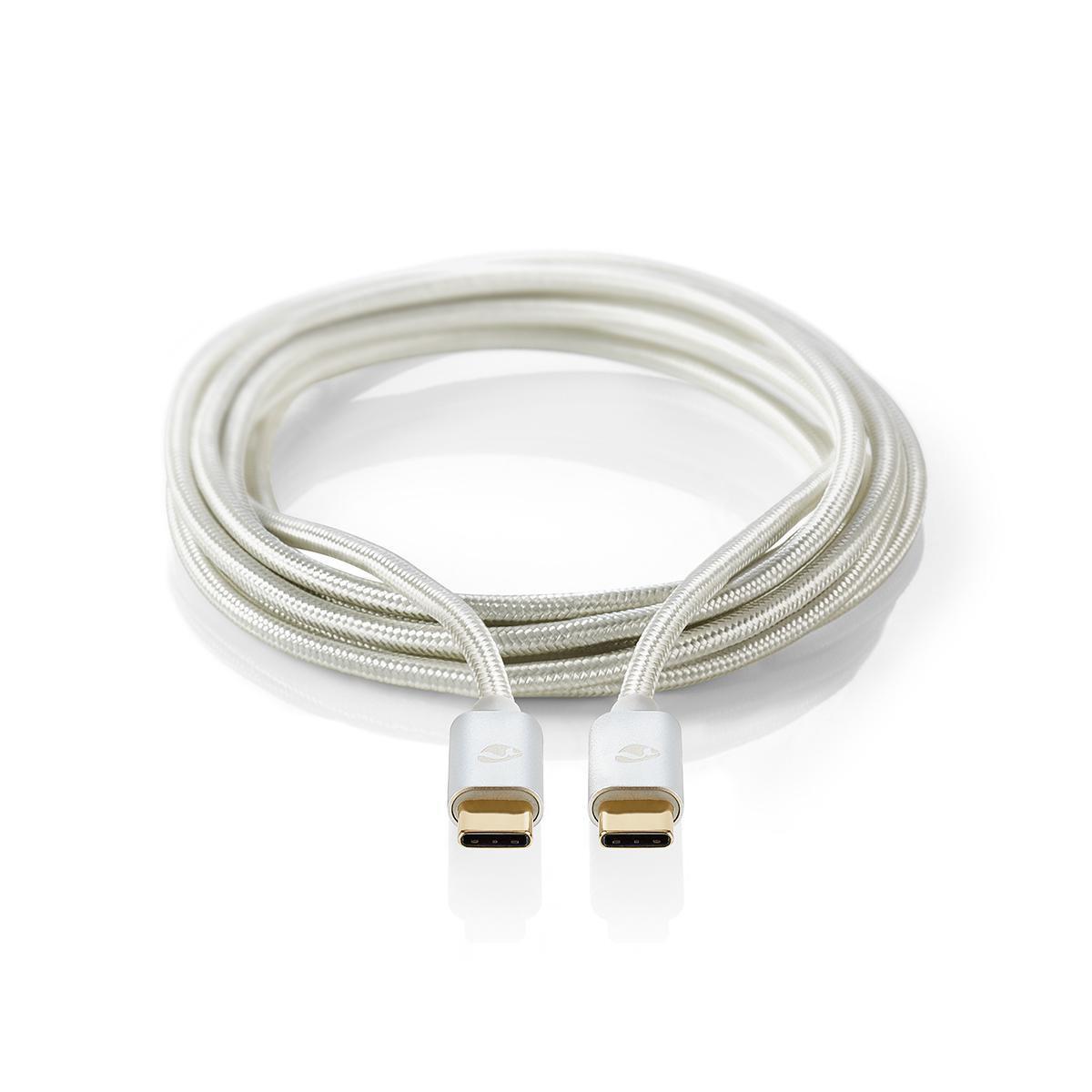Nedis USB-Kabel | USB 2.0 | USB-C™ Male | USB-C™ Male | 100 W | 480 Mbps | Vergoldet | 2,00 m | Rund | Geflochten / Nylon | Silber | Box mit abgedecktem Fenster