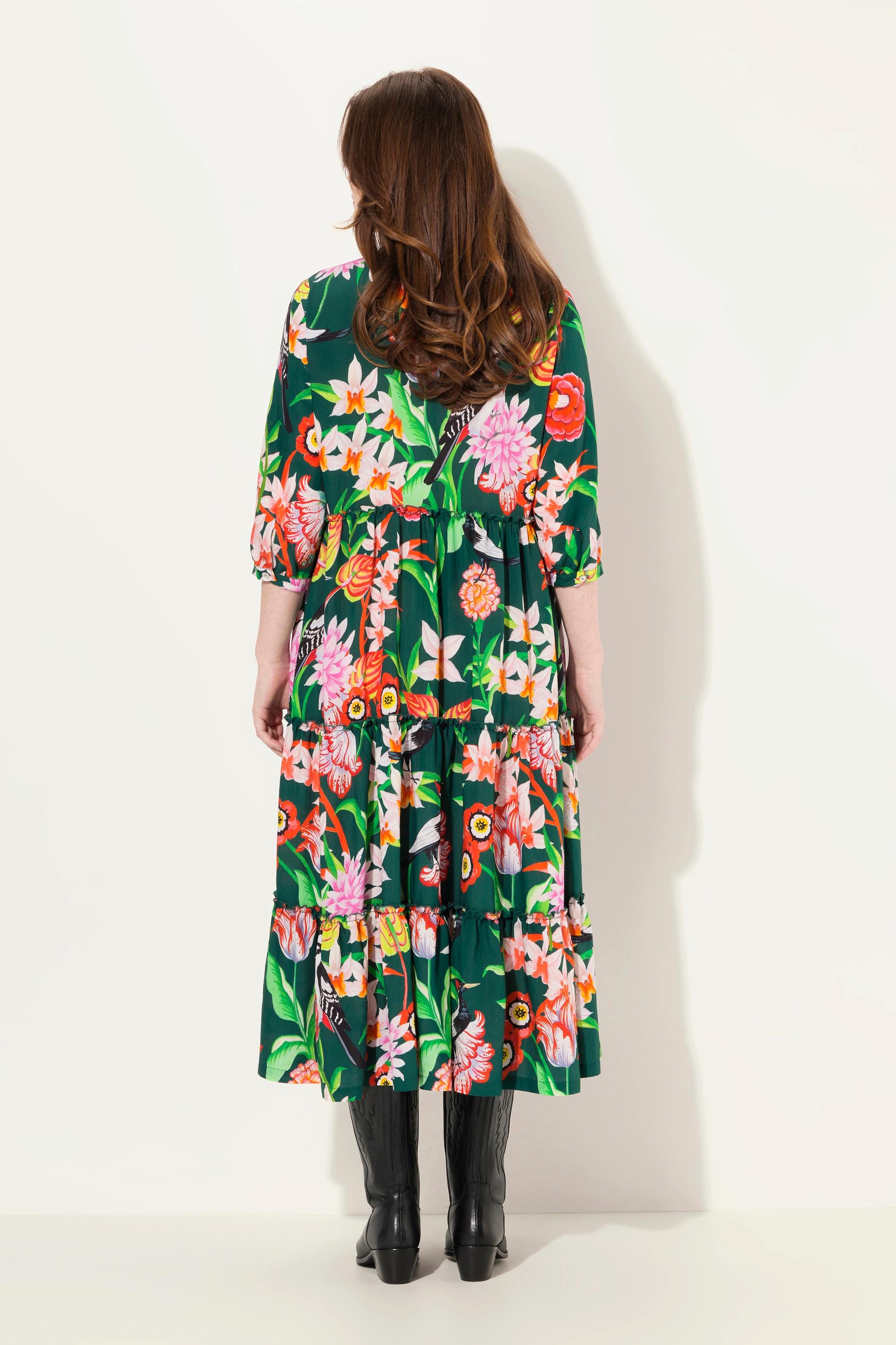 Ulla Popken Maxikleid Stehkragen V-Ausschnitt 3/4-Arm Floral