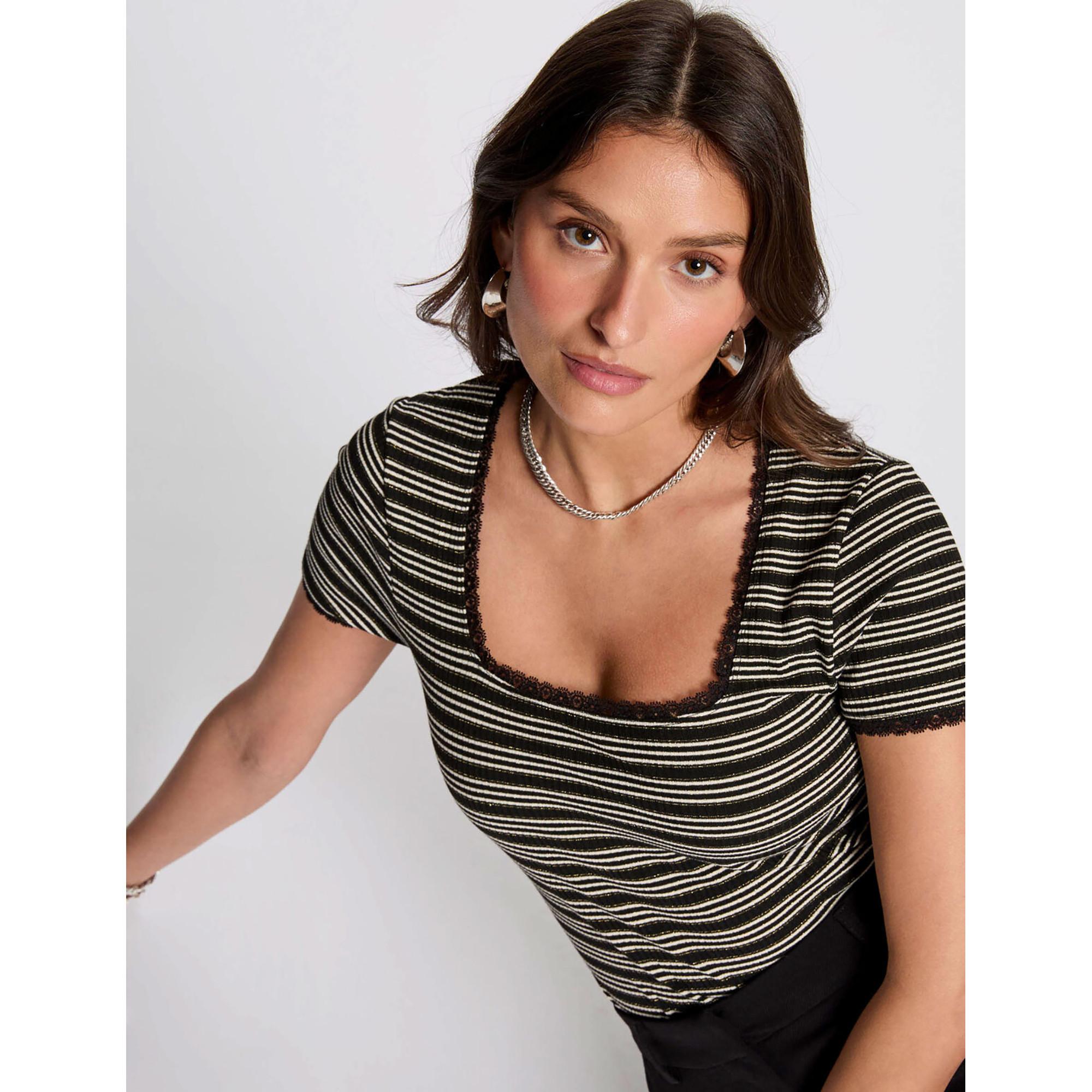 MORGAN Gestreiftes Kurzarm T-Shirt mit Spitzenbesatz