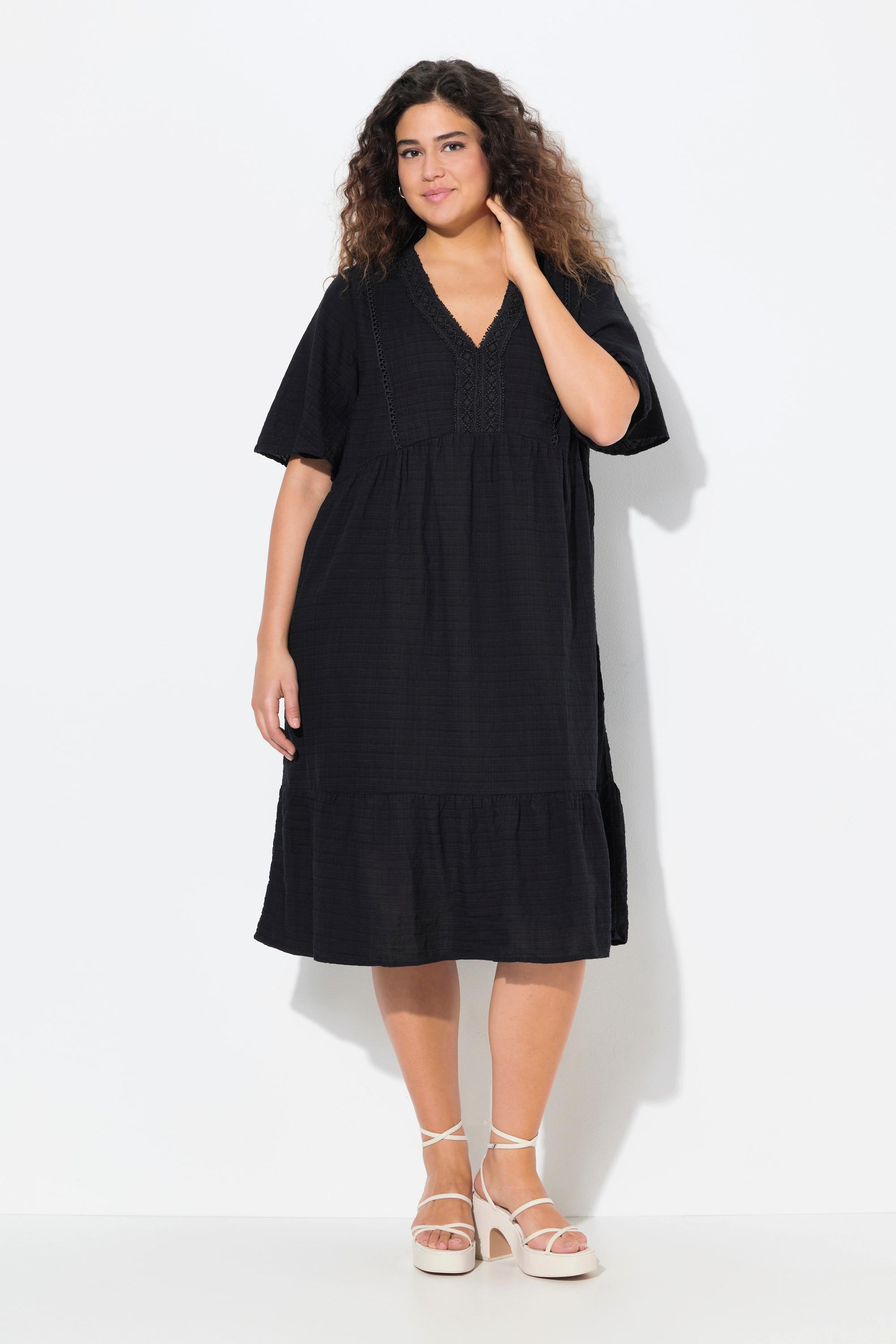 Ulla Popken Midikleid Seersucker A-Linie V-Ausschnitt Halbarm