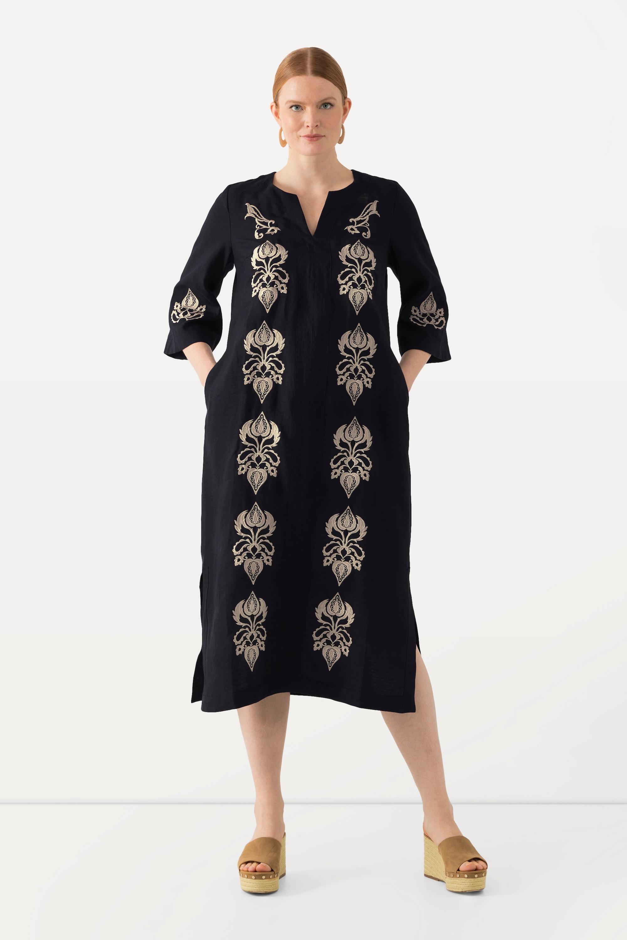 Ulla Popken Leinen Maxikleid Stickerei Tunika Ausschnitt 3/4 Arm