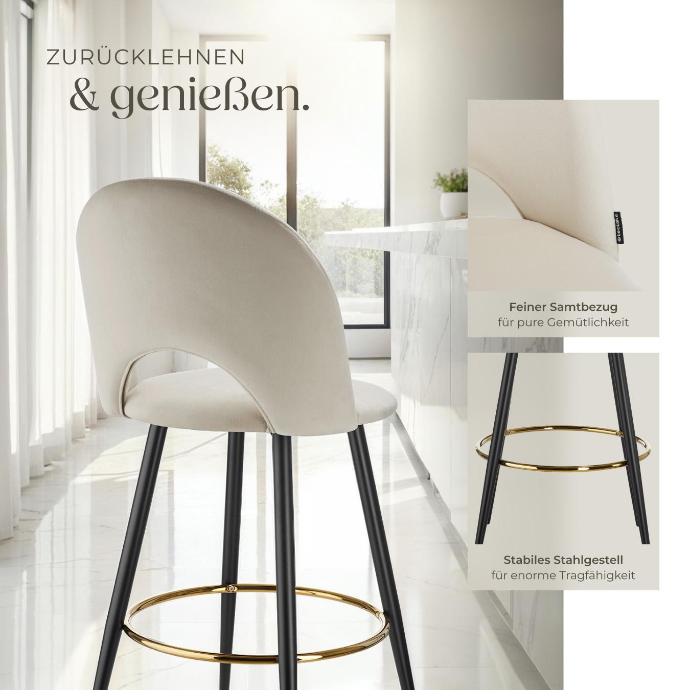 Tectake Barstuhl Sachel mit Rückenlehne, Samtoptik 4er Set