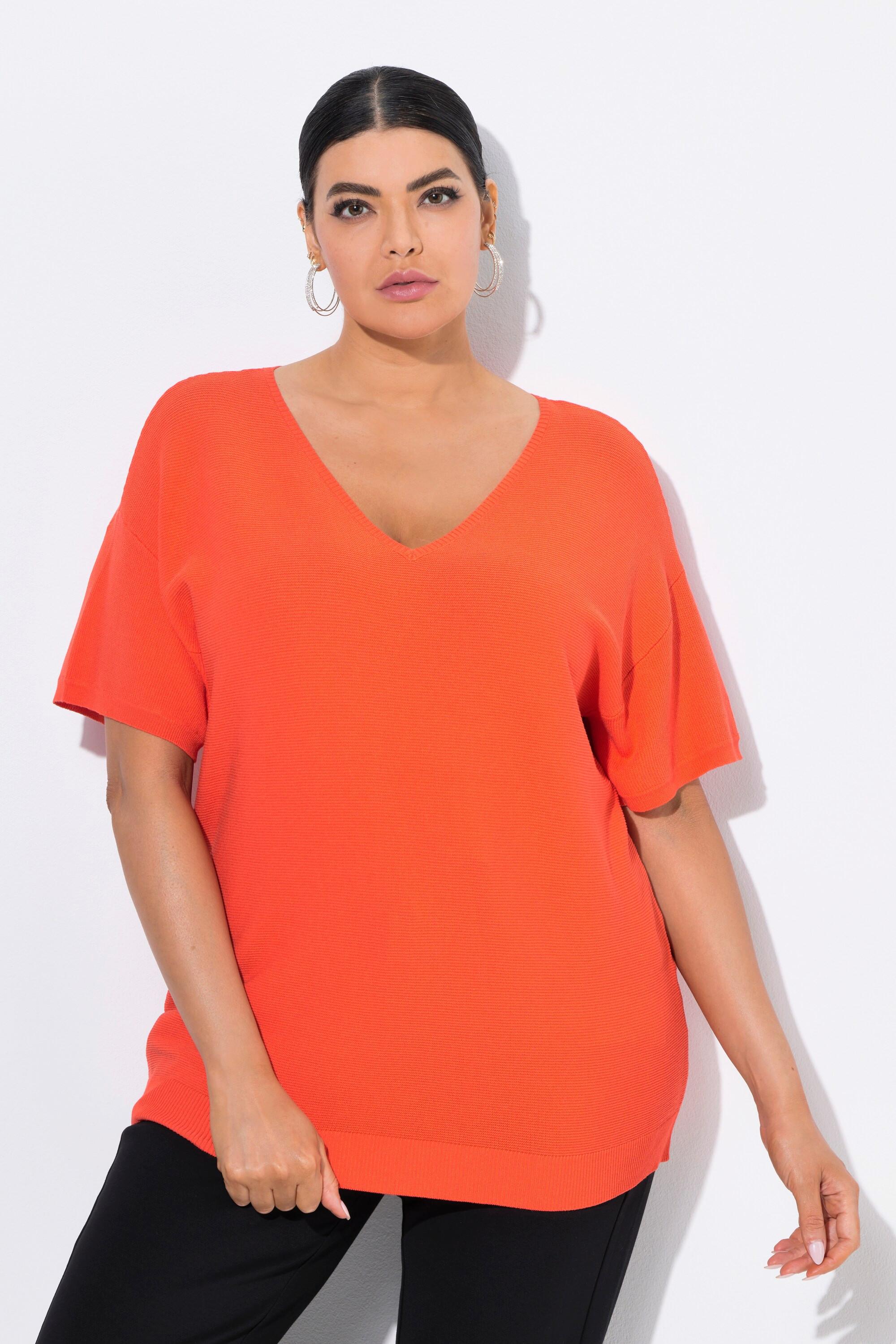 Ulla Popken Pullover, Rippstruktur, V-Ausschnitt, Halbarm