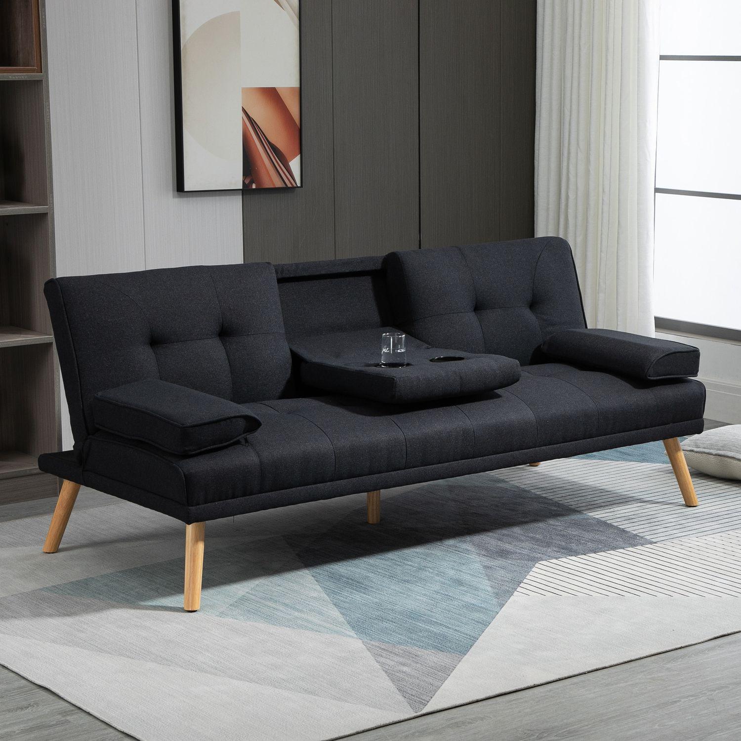 Northio Schlafsofa, 3-Sitzer-Schlafcouch mit Klappbarem Tisch, Becherhalter, Bettsofa mit Leinenoptik, im Skandi-Design, bis 250 kg Belastbar, für Wohzimmer, Grau
