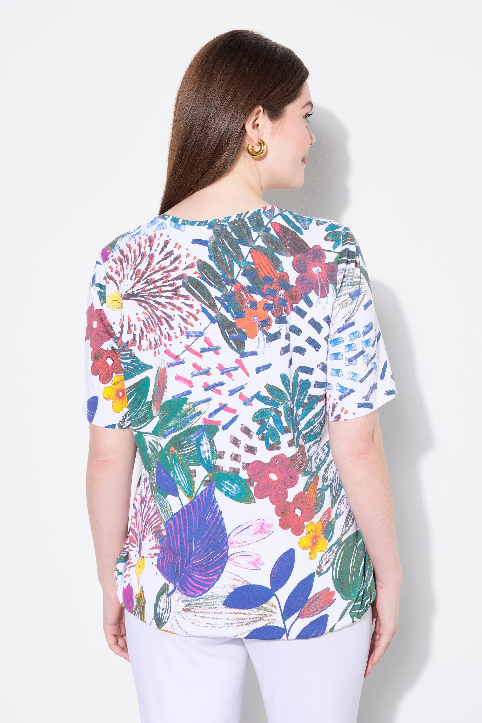 Ulla Popken T-Shirt mit Blumendruck V-Ausschnitt Halbarm und Gummisaum