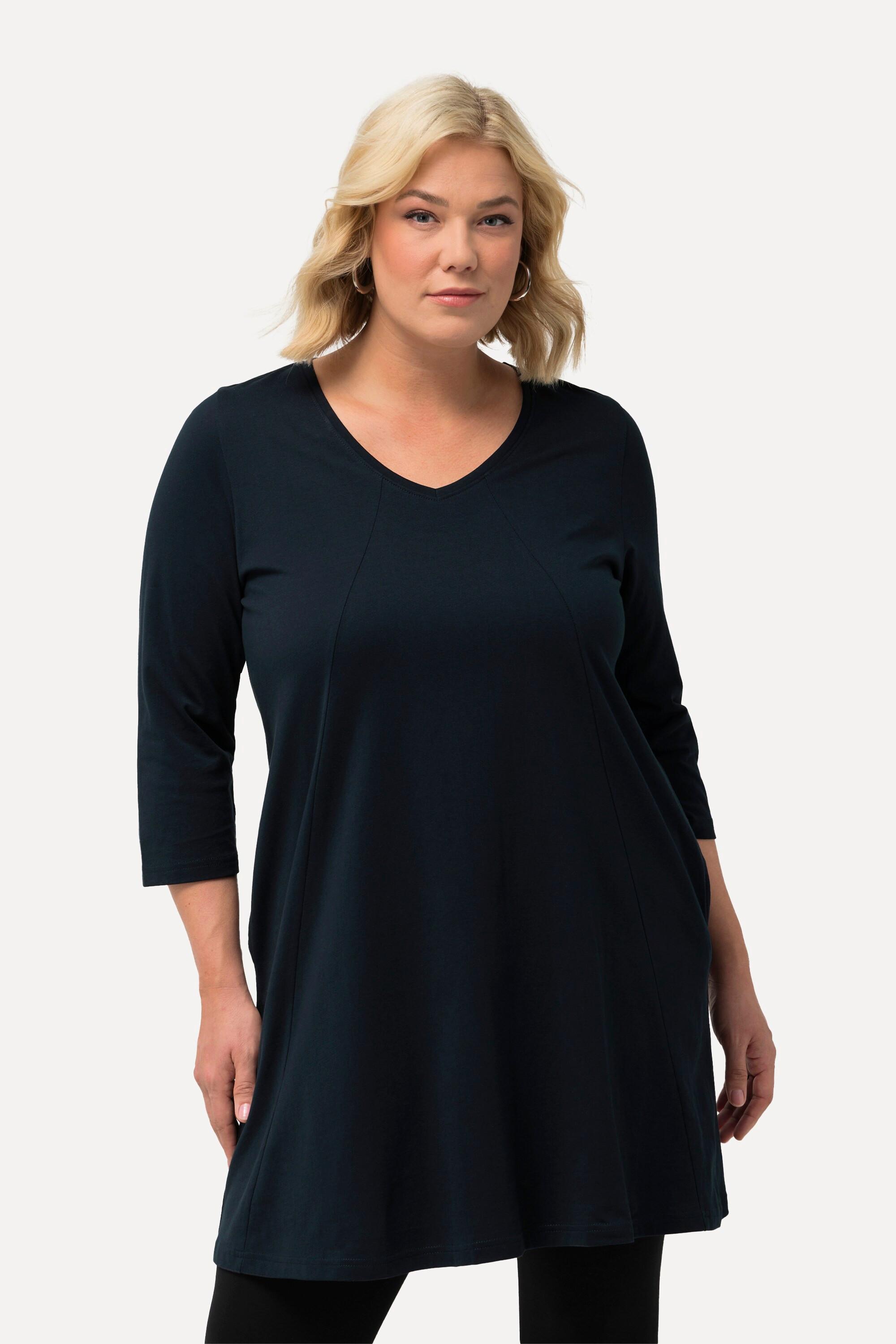 Ulla Popken Longshirt Ziernähte A-Linie V-Ausschnitt 3/4-Arm