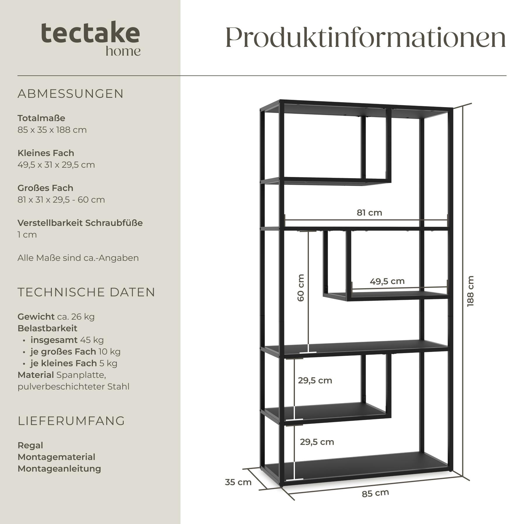 Tectake Standregal Venda mit 6 Fächern, Industrial-Look, 85x35x188cm