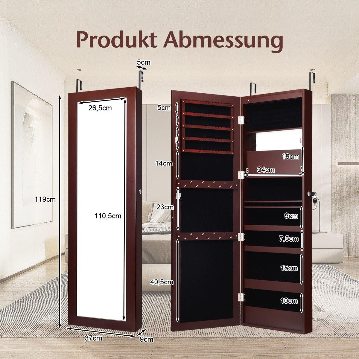 Northix Schmuckschrank mit Spiegel Kosmetikschrank mit ausgekleideten Ablagen Haken & Fächern Braun
