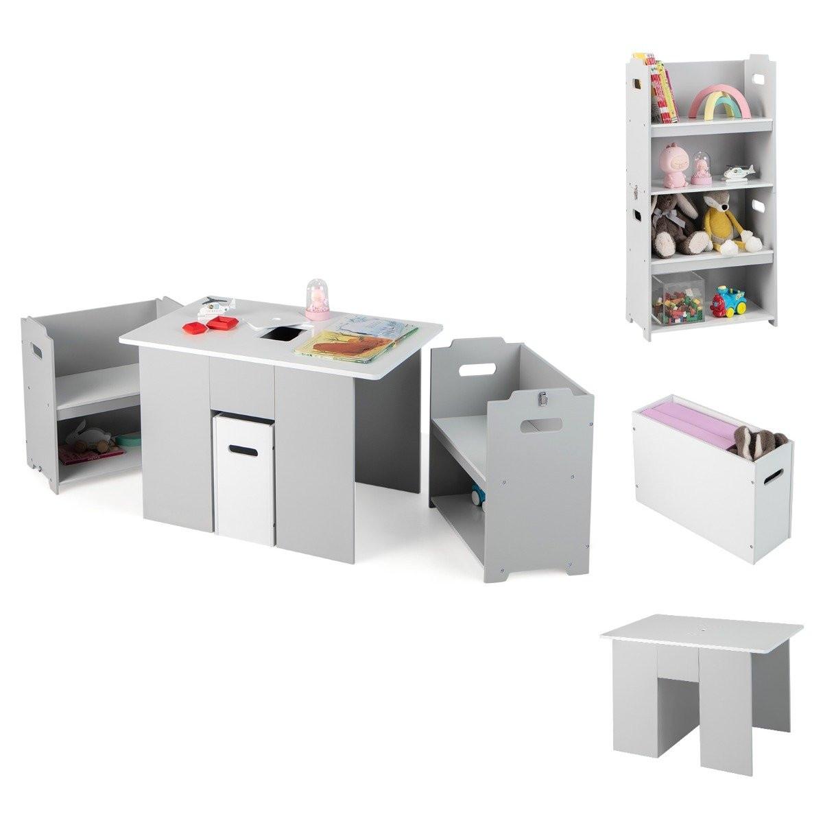 Northix 3-Teiliges Set aus Tisch & Stühlen für Kinder 4-in-1 Aktivitätstisch mit 2 Stapelbaren Stühlen Grau & Weiß