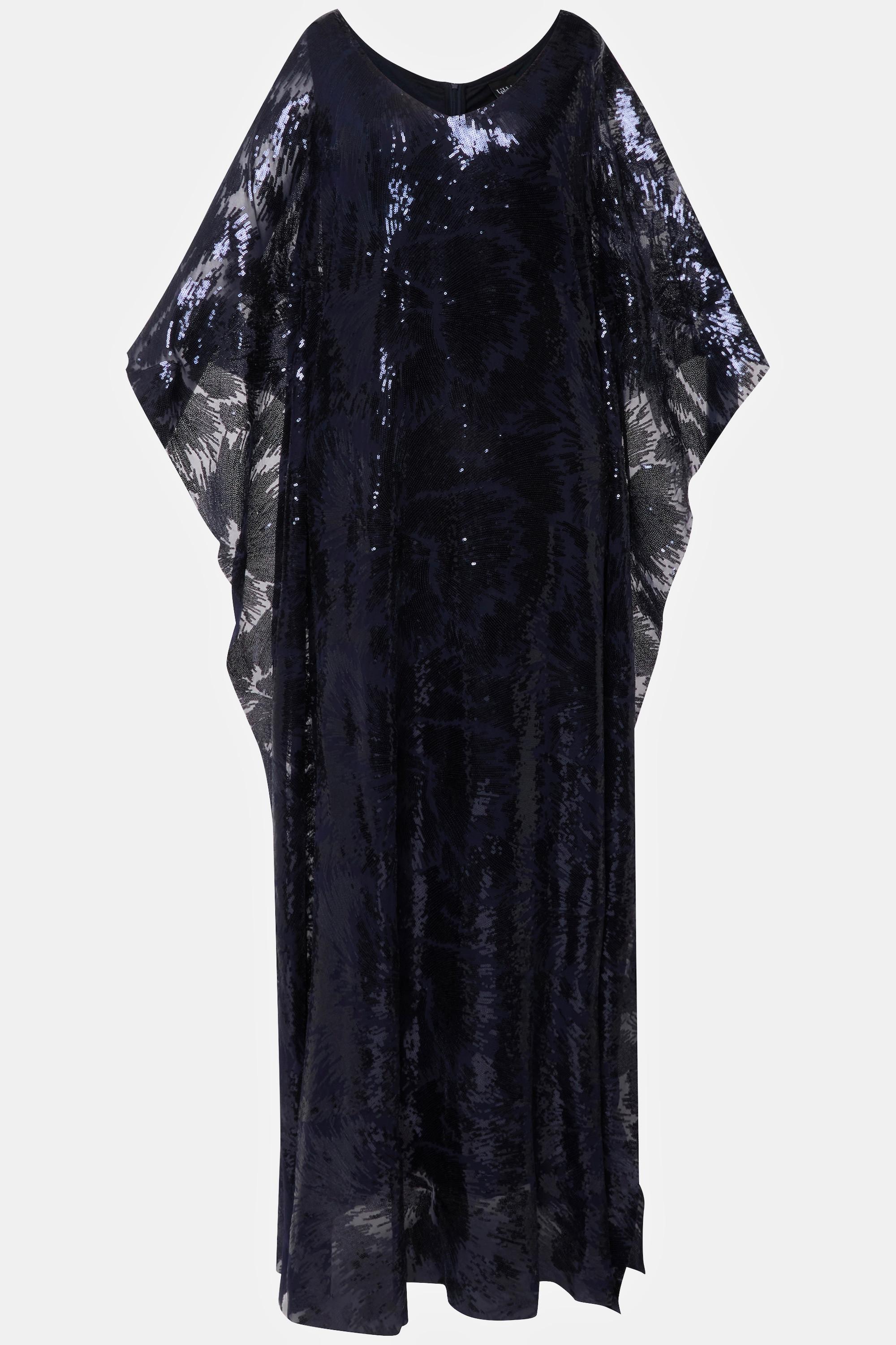 Ulla Popken Doppellagiges Pailletten Cape-Kleid V-Ausschnitt 3/4-Arm