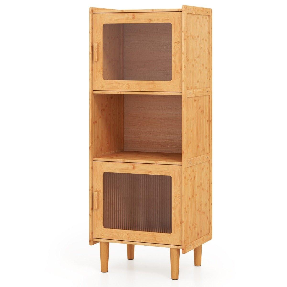B2X Küchenschrank aus Bambus 3-stöckiger Buffetschrank mit 2 Acryltüren Natur 49,5 x 40 x 130 cm