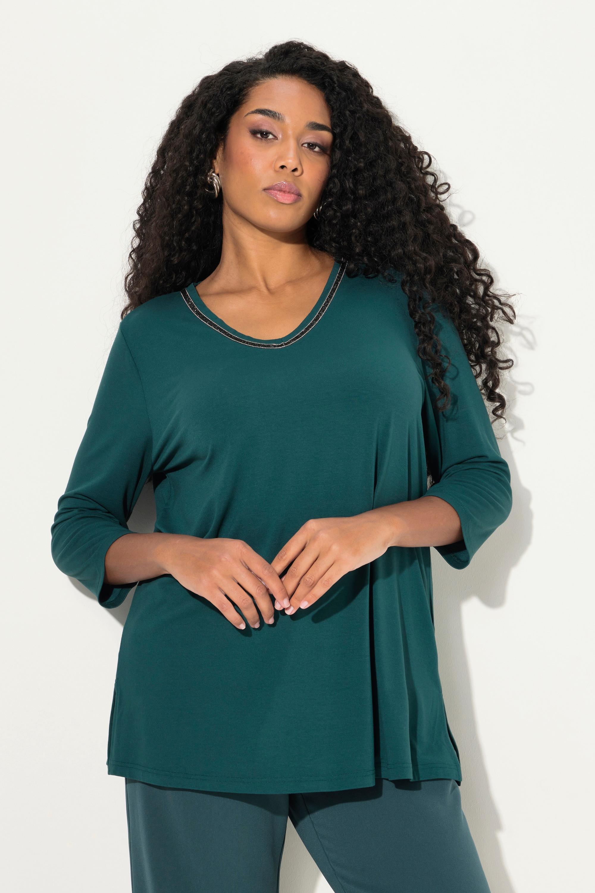Ulla Popken A-Linie V-Ausschnitt 3/4 Arm Shirt mit Ziersteinen