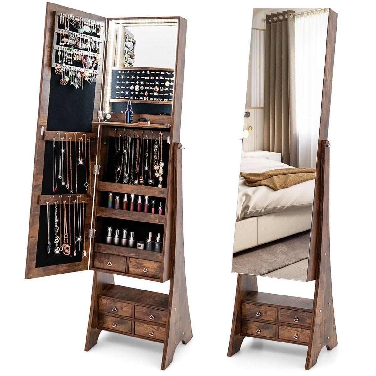 Northix Schmuckschrank mit Spiegel mit Beleuchtung Schmuck Spiegelschrank mit Schubladen Braun