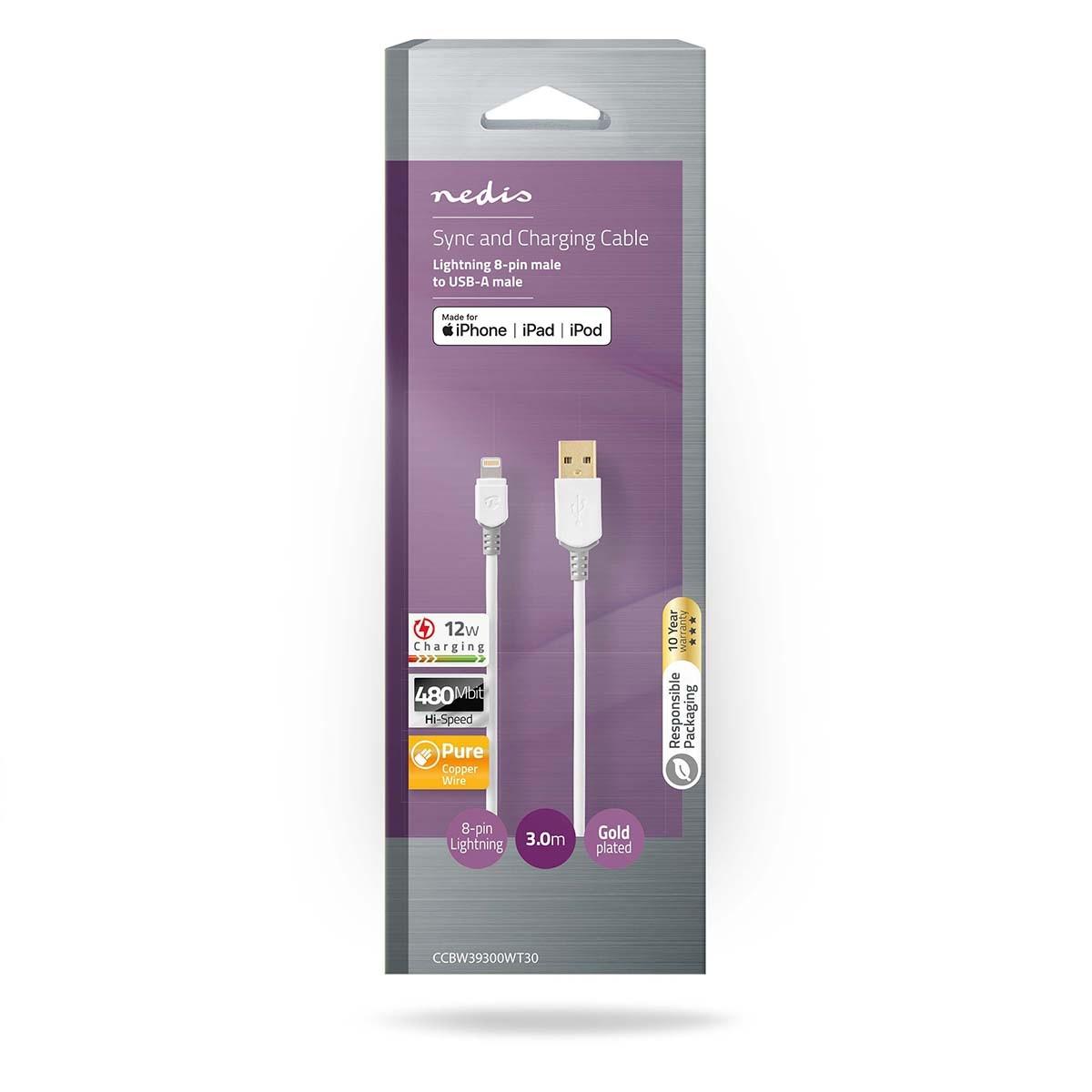 Nedis Lightning Kabel | USB 2.0 | Apple Lightning, 8-polig | USB-A Stecker | 480 Mbps | Vergoldet | 3,00 m | Rund | PVC | Grau / Weiß | Box