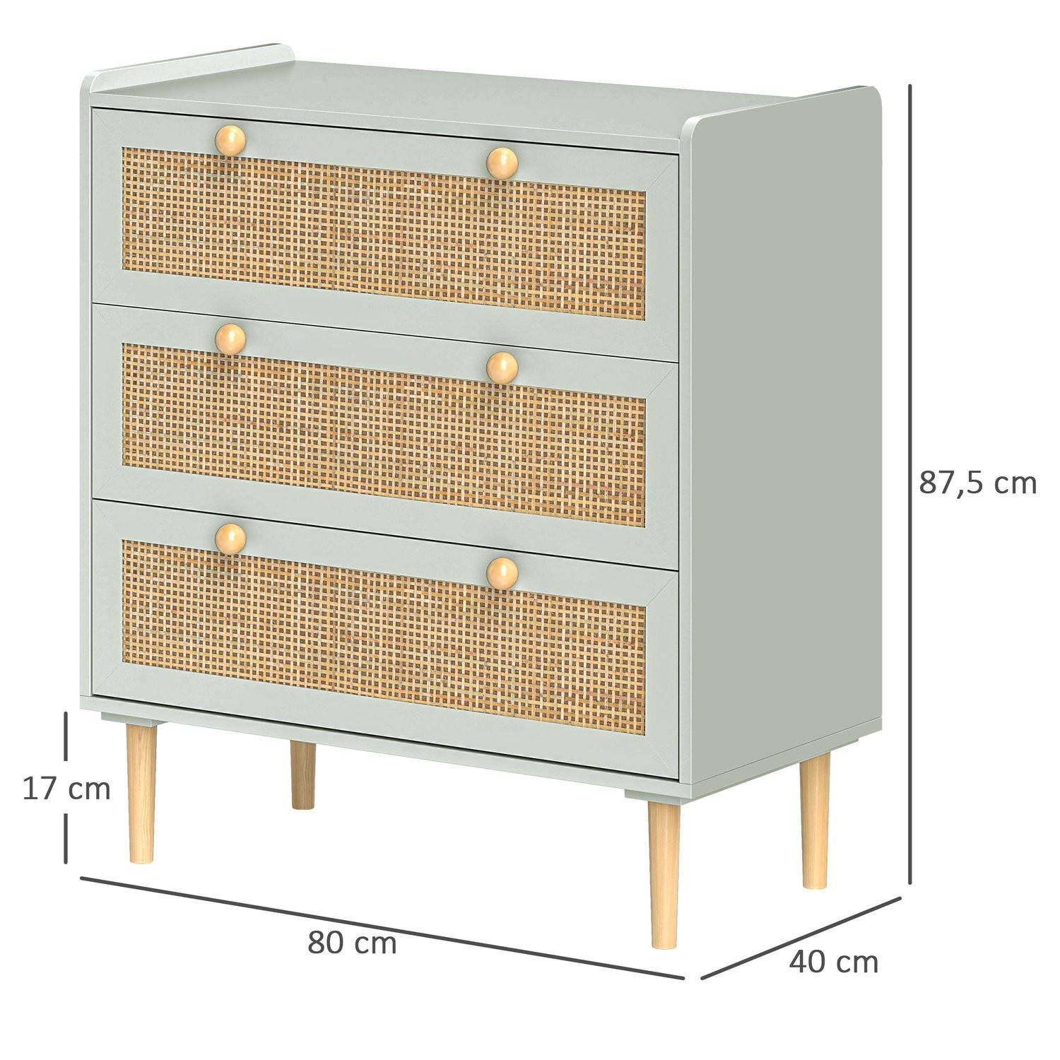 Northio Kommode Beistellschrank mit 3 Schubladen, Sideboard mit Boho-Stil, Rattanoptik, Schubladenkommode für Wohnzimmer, Schlafzimmer, Hellblau 80 x 40 x 87,5 cm Aosom