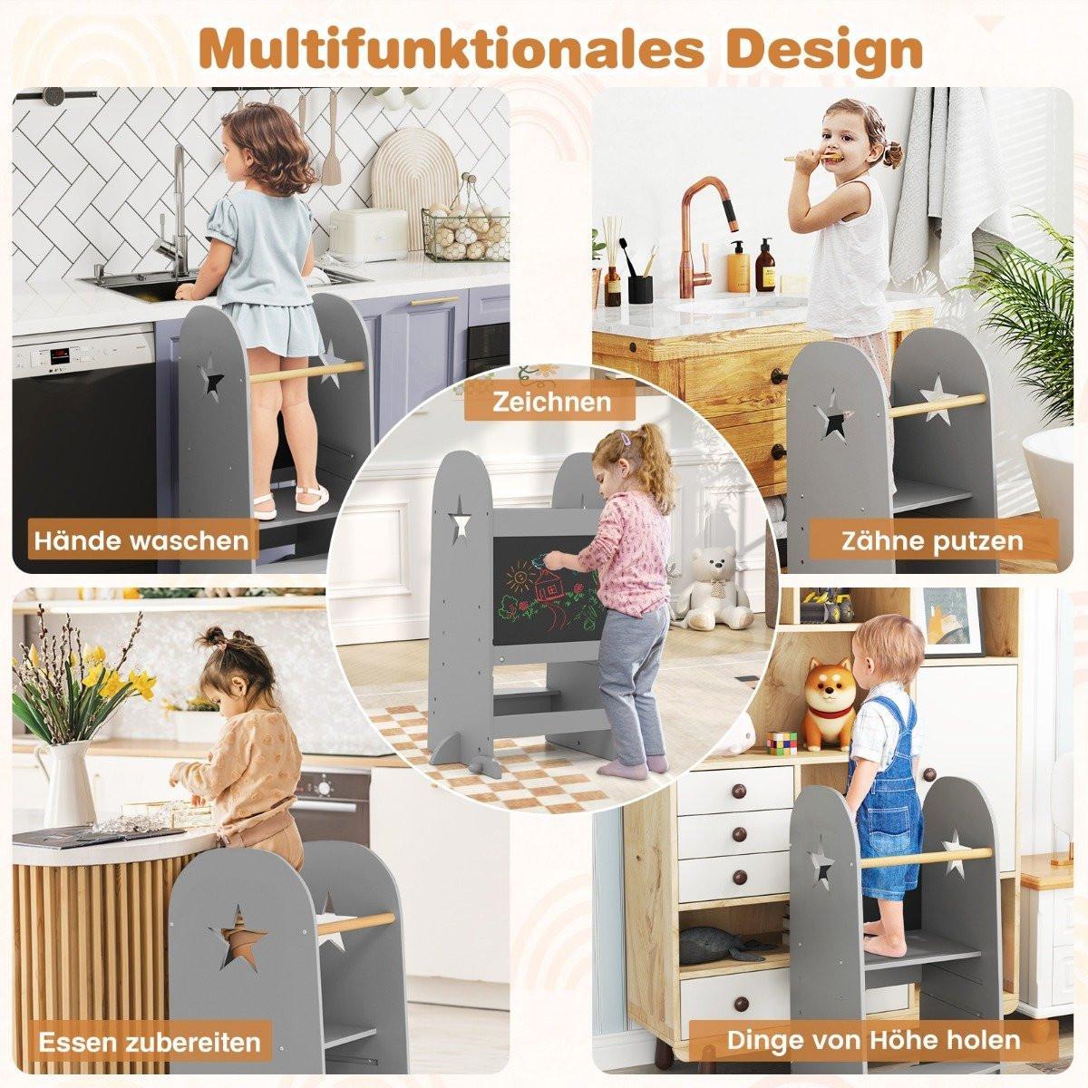 Northix 3 in 1 Lernturm Kinder Tritthocker mit 3 verstellbaren Höhen 90 kg Belastbar Grau