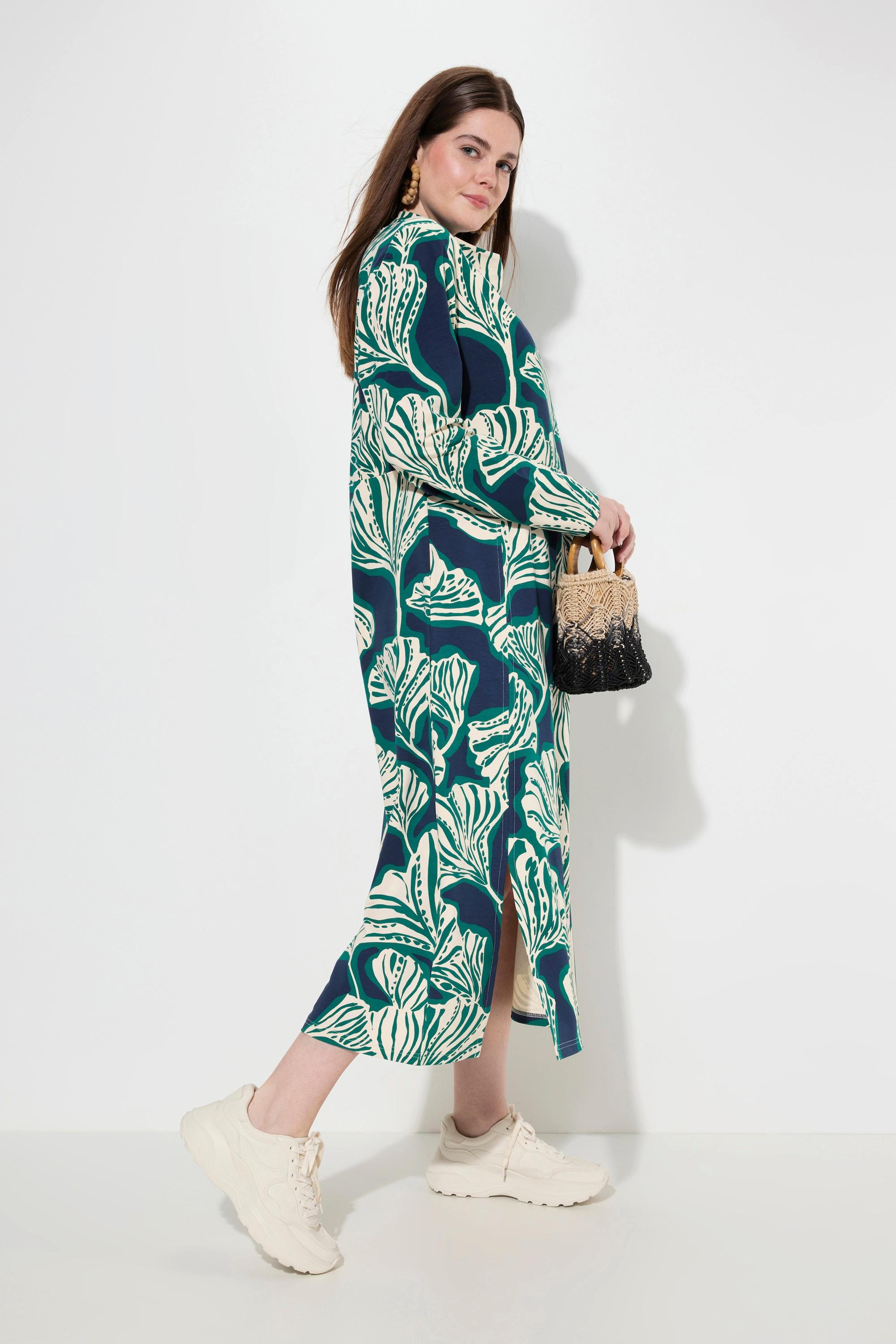 Ulla Popken Maxi Sweatkleid Blätter Wasserfall-Ausschnitt Langarm