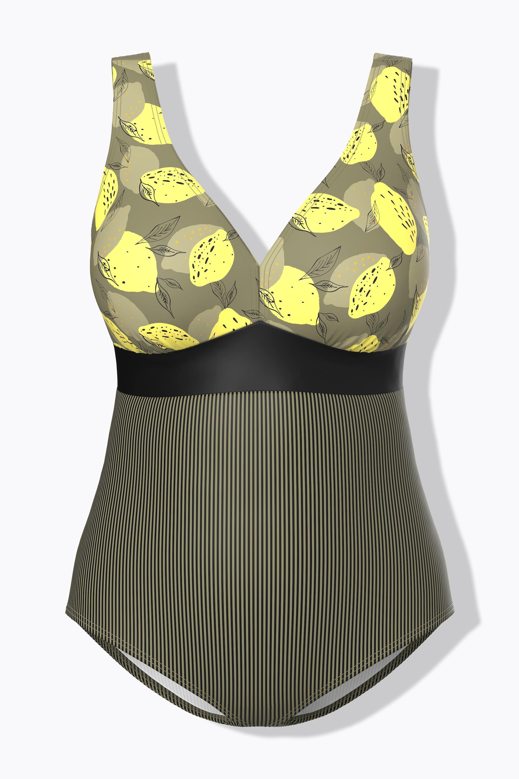 Ulla Popken Badeanzug, Zitronen, Zierband, Softcups, recycelt