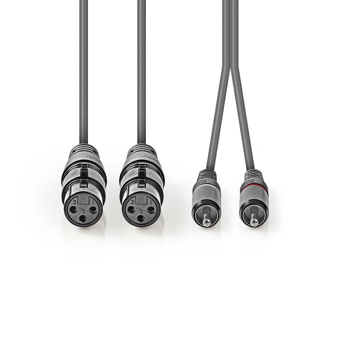 Nedis Symmetrisches Audiokabel | 2x XLR 3-Pin Female | 2x RCA Male | Vernickelt | 3,00 m | Rund | PVC | Dunkelgrau | Papphülle