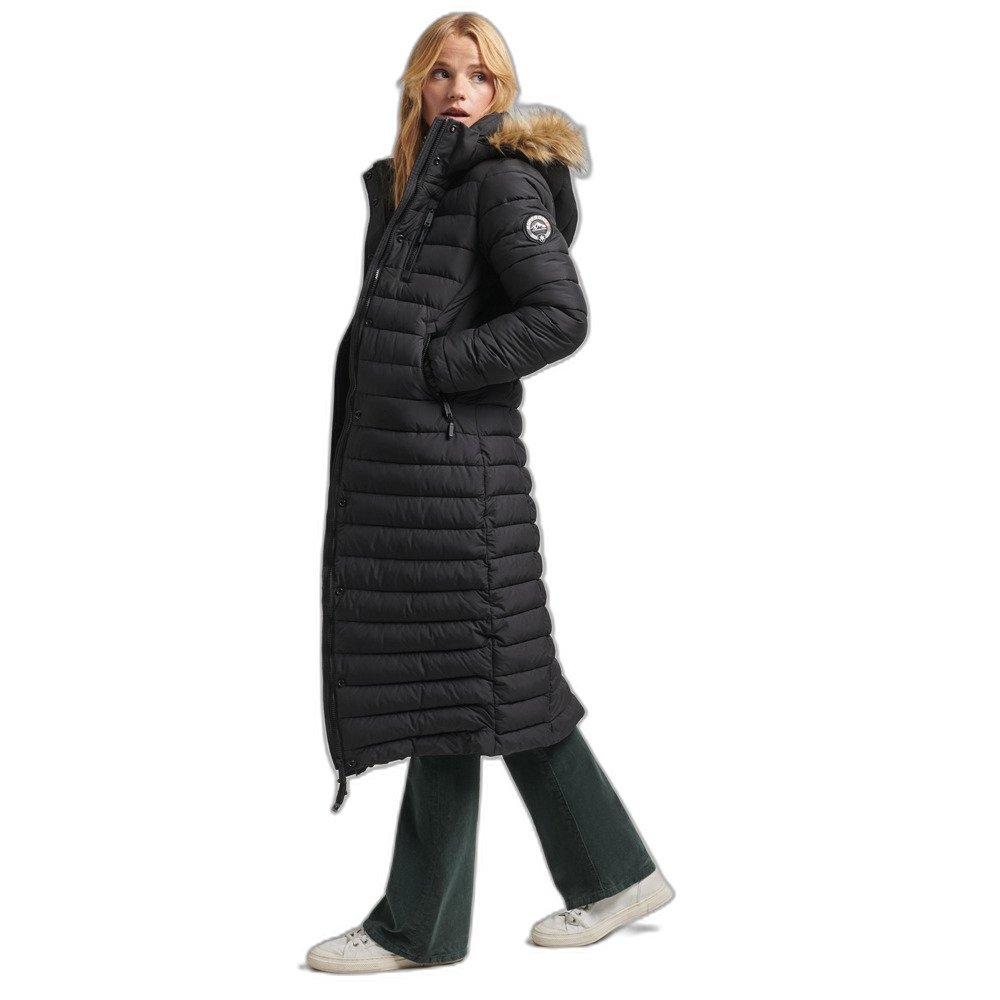 Superdry lange, leichte daunenjacke mit kapuze und kunstpelz, damen