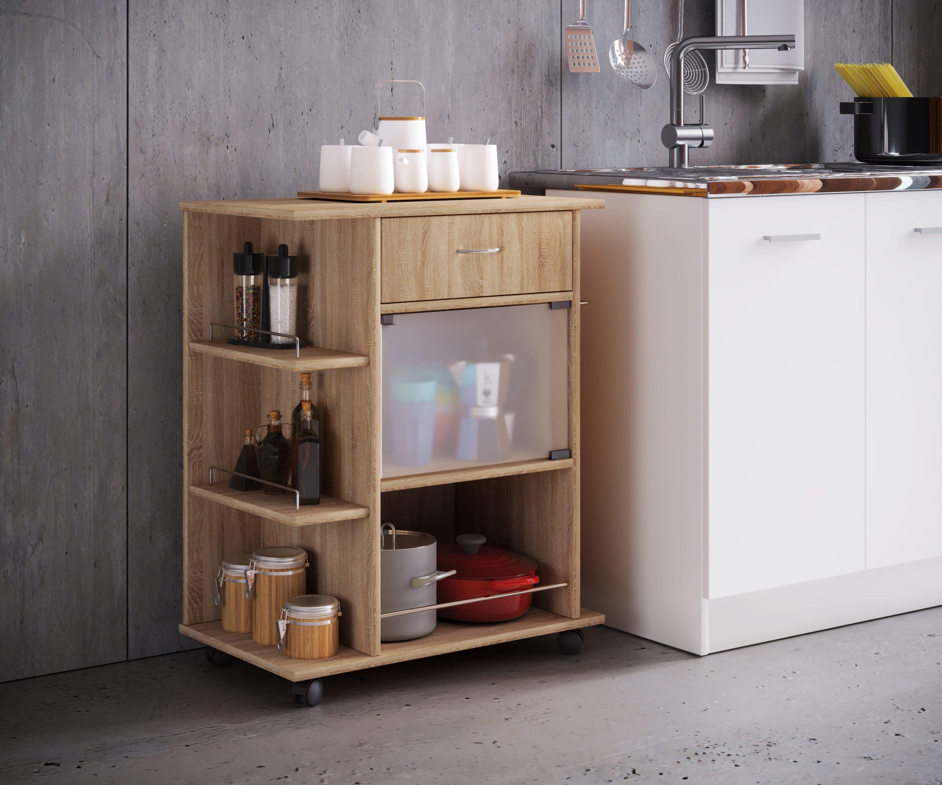 VCM Holz Küchenwagen Servierwagen Rollwagen Ablage rollbar Rollen Schublade Pocis