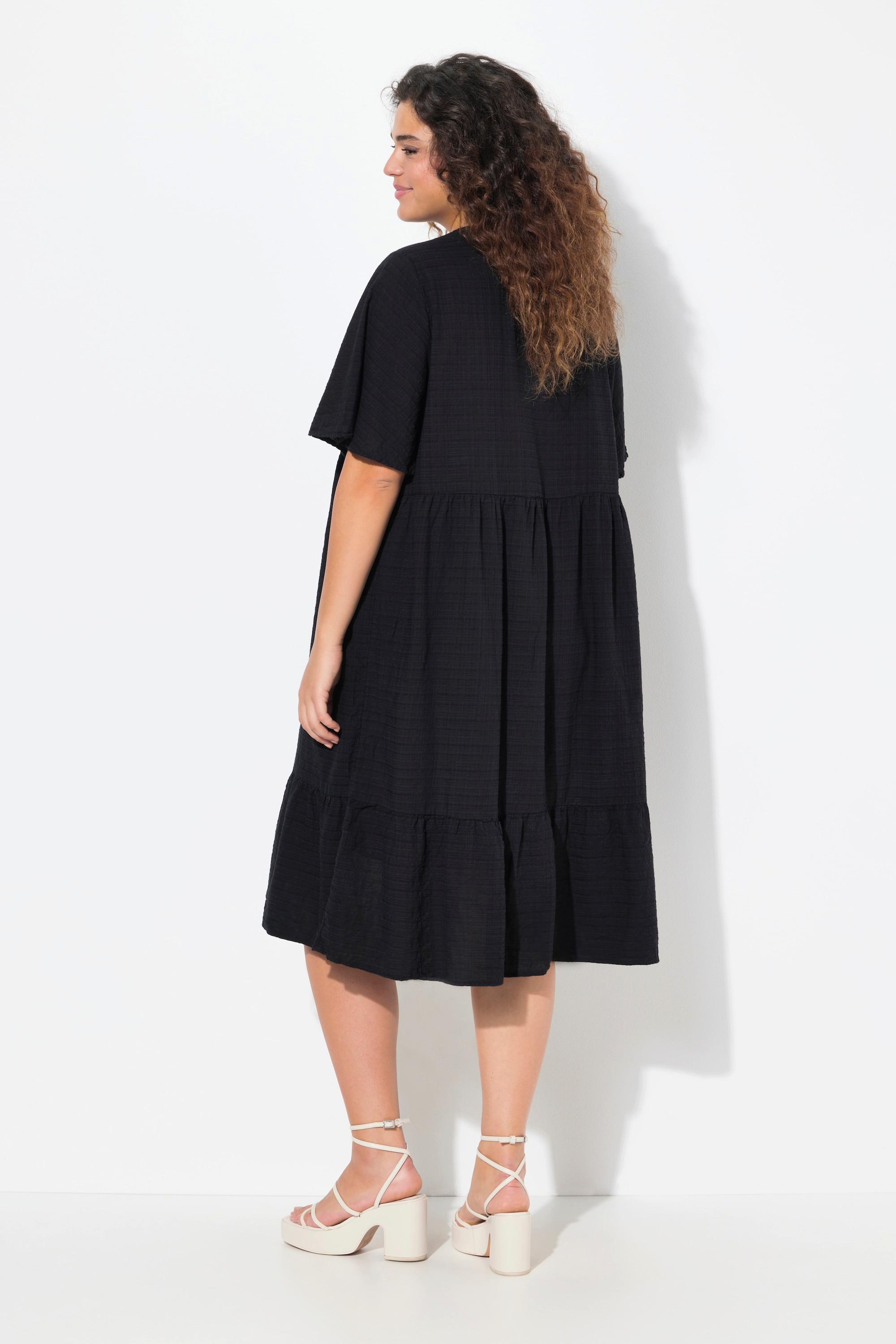 Ulla Popken Midikleid Seersucker A-Linie V-Ausschnitt Halbarm