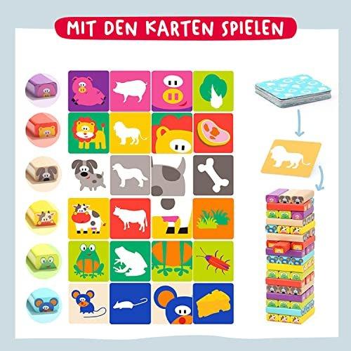 Activity-board Pädagogisches Kinderspiel ab 3 Jahre - Wackelturm 4 in 1 aus Holz mit Farben und Tieren