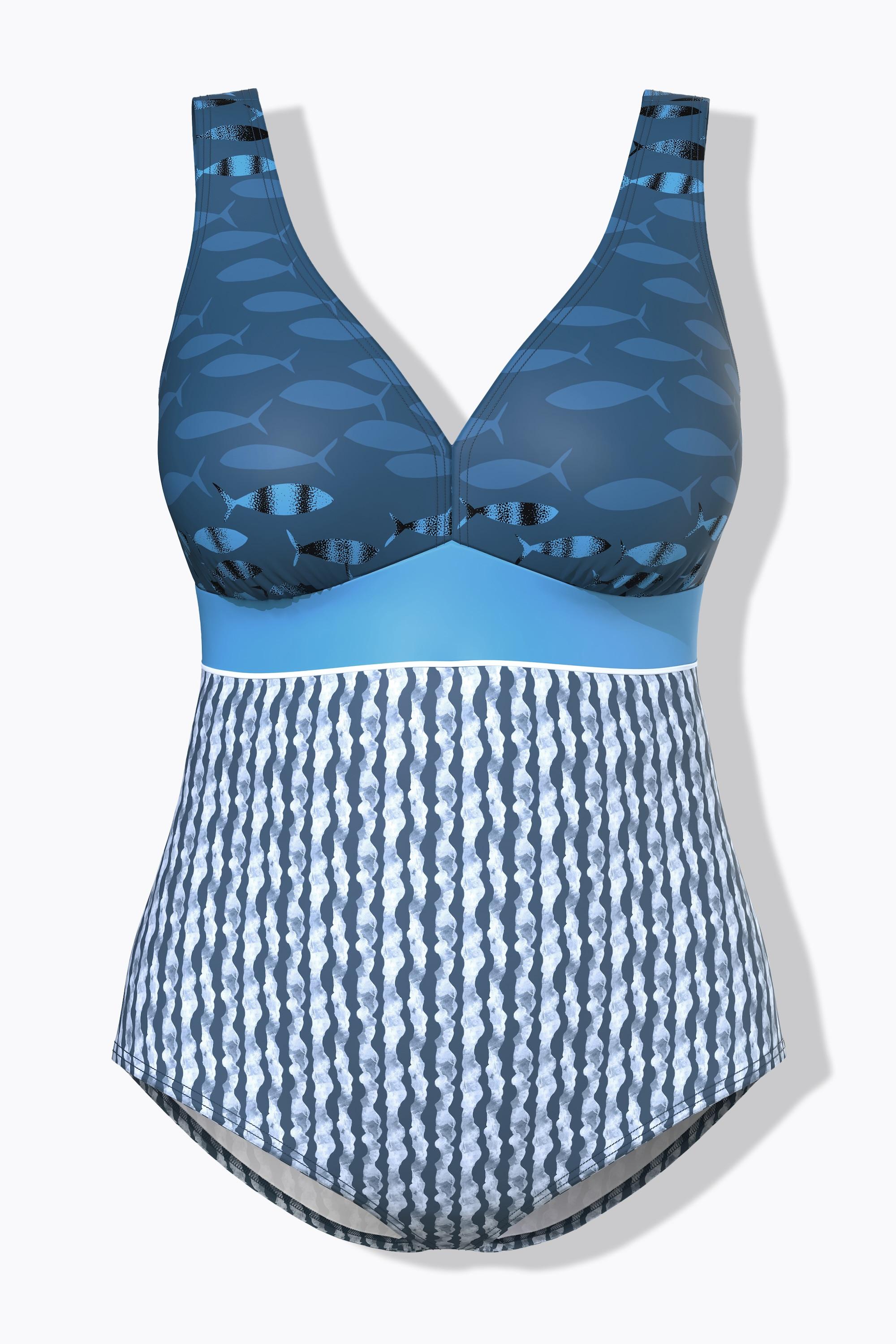 Ulla Popken Badeanzug, Fische, Softcups, V-Ausschnitt, recycelt