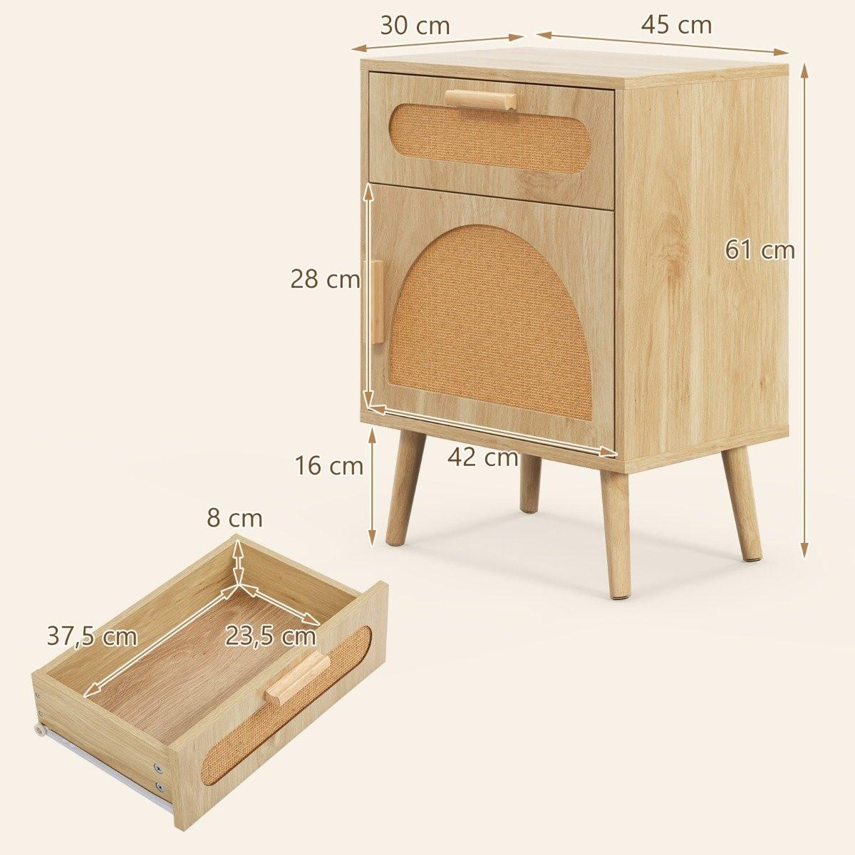 Northix Rattan Nachttisch mit Schublade & Schrank Nachtschrank im Boho-Stil Beistelltisch Sofatisch
