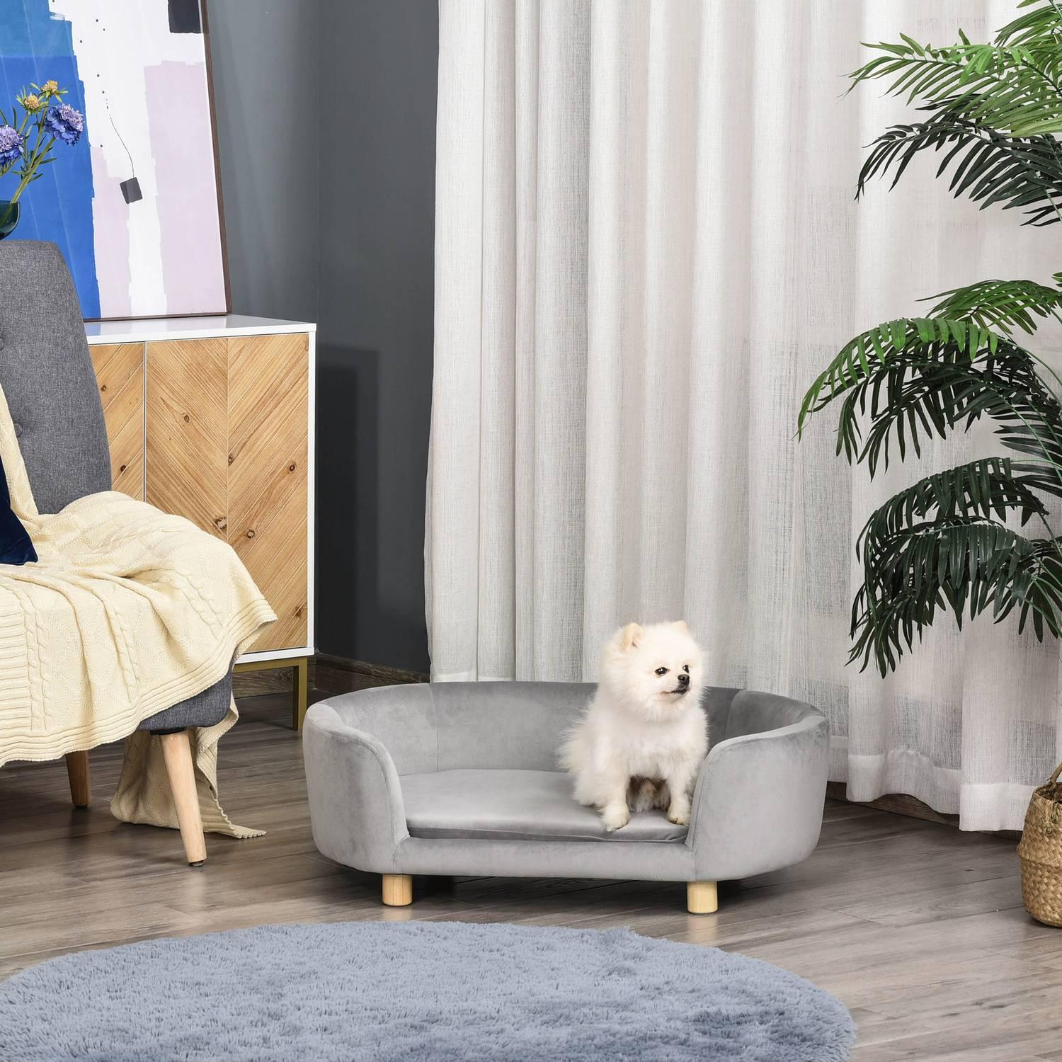 Northio Haustiersofa Hundesofa Hundebett Mit Holländischer Samt Schaumstoff Birke Bein Für Katzen Hunde 86 X 55 X 33 Cm Hellgrau
